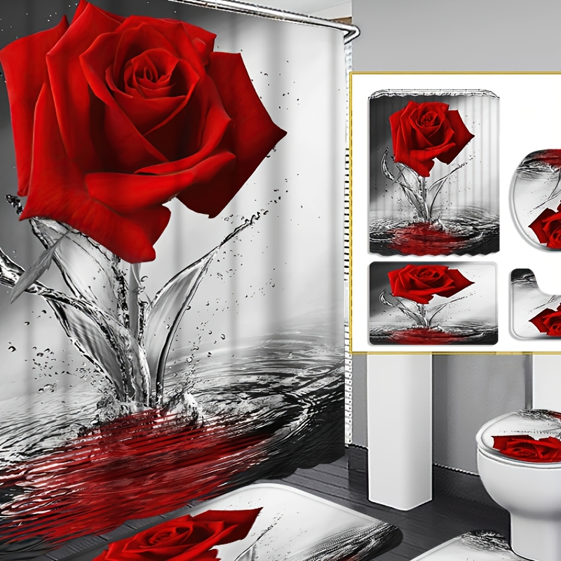 

4pcs Red Falling Curtain Decoration, Housewarming Decoration, Shower Curtain And Mat - Set Comes 12 Shower Curtain