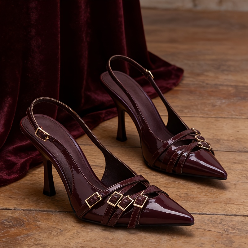 Vintage Burgundy Patent Slingback Heels, Women's Pointed Toe * Detail Stiletto Pumps, Elegant Wine Red Dress Shoes for Office * & Date Night, Women Shoes Elegant Women Shoes * Shoes
