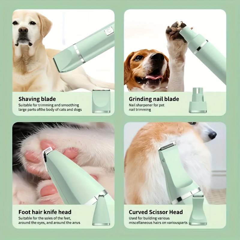 4-in-1 Electric Pet Trimmer with Nail Polish - Low Noise USB Rechargeable, 4-in-1 Trimmer for Dogs, Cats, Small Animals - Includes Shaving Blade, Foot Hair Small Blade