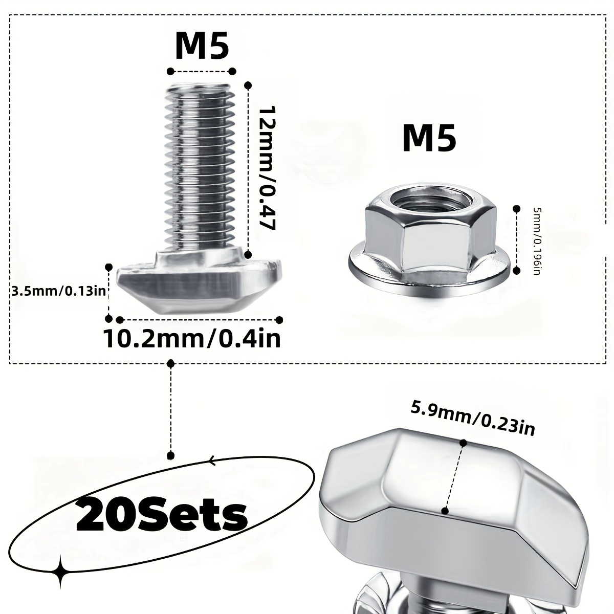 Image of 20 Sets Of Bolts And Nuts Screws M6 X16/m5x12, Screws With Locking Serrated Nuts, Flange Nuts, For Photovoltaic Solar Installations, Rails, Photovoltaic Additions, Furniture Diy30/20 Series Profiles
