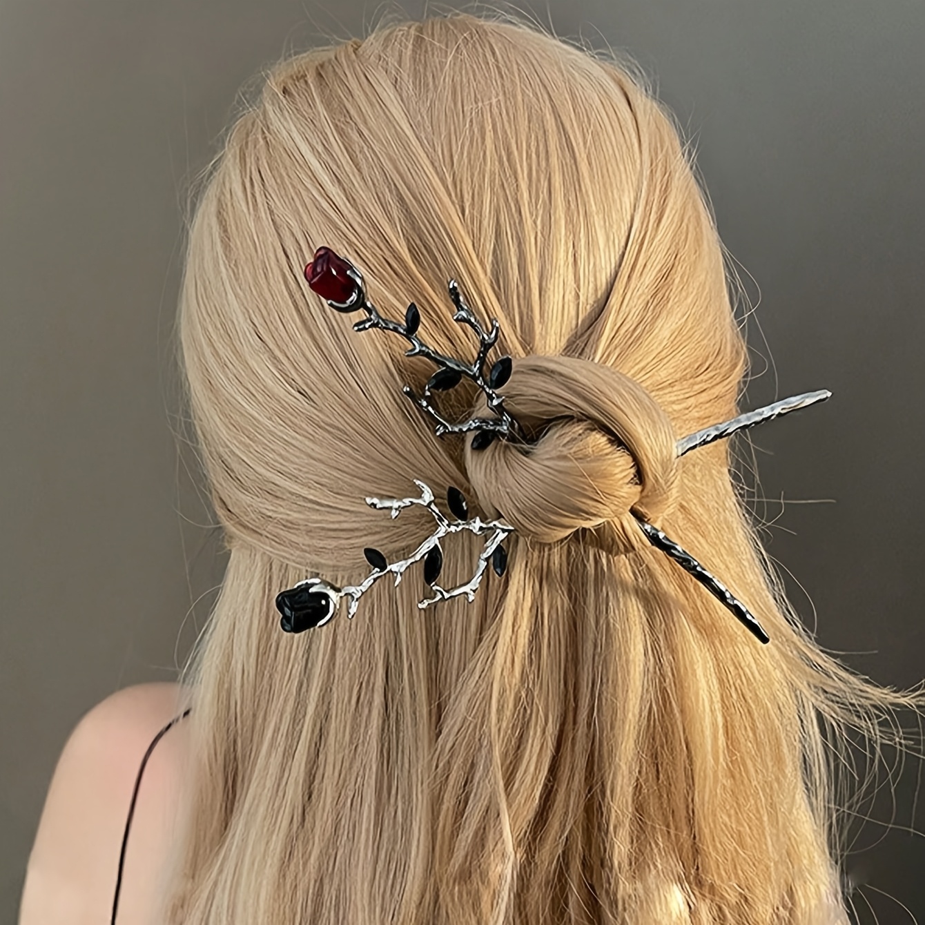 E-shop 2 Stück Damen Mode Vintage-Stil Metall Chinesische Haarklammern, Gothic Schwarze Rosen Design, Ideal für Festliche Anlässe