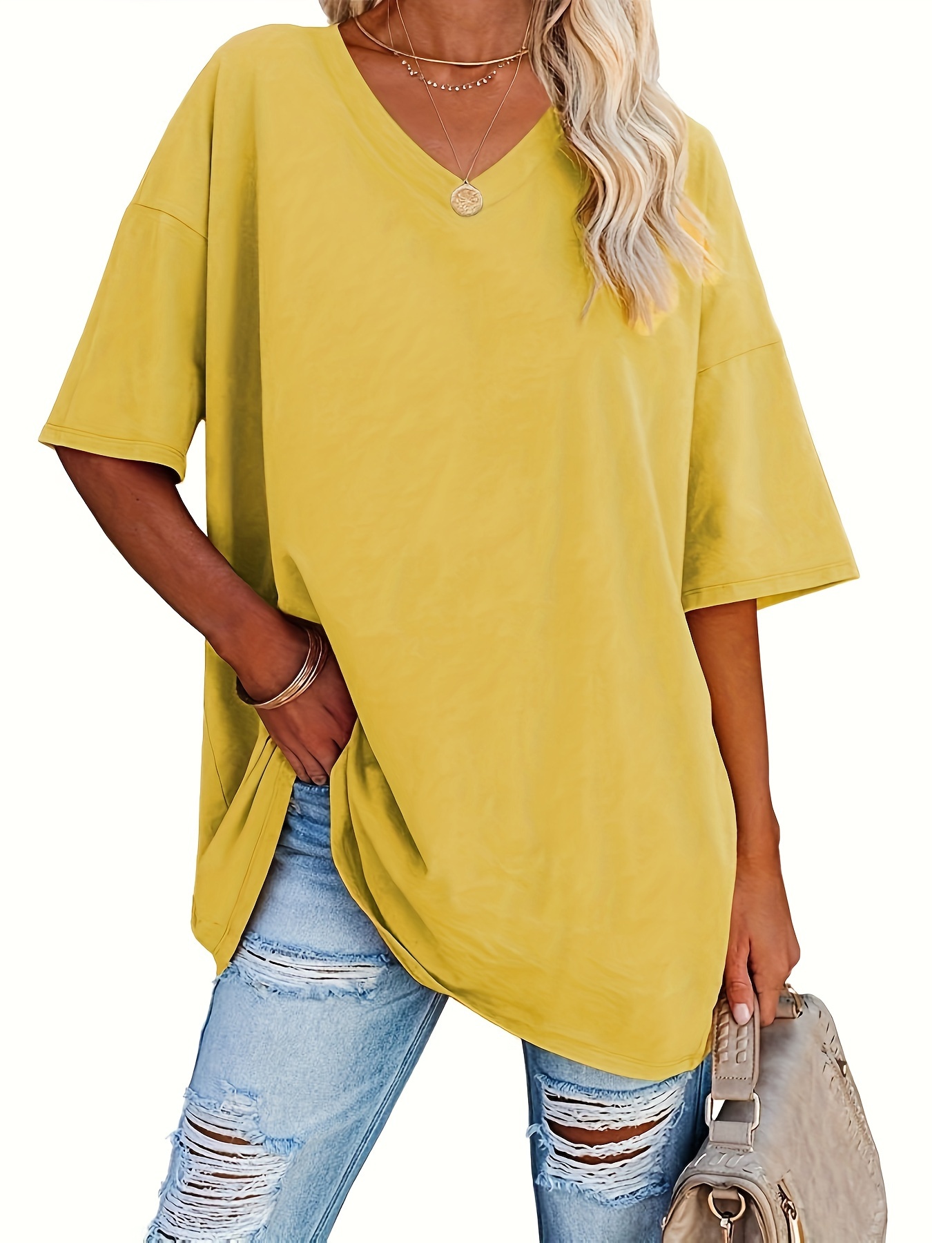 Women's Loose-Fit V-Neck Half-Sleeve Blouse - Soft Stretch, Solid Color, Spring/Summer Casual & Formal Wear, Elegant & Breathable, Transitional Weather Clothing, Middle Eastern Style, Comfortable Fit, Stretchy Fabric Top