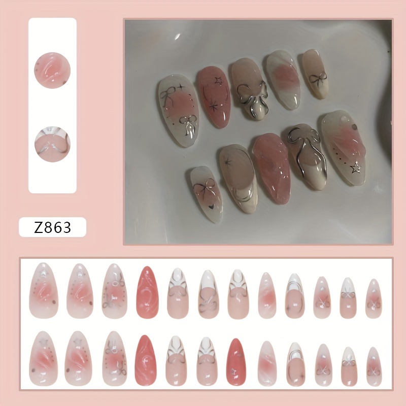 Sweet Pink Bow Detachable Solid -on Nails, Ins-style Manicure