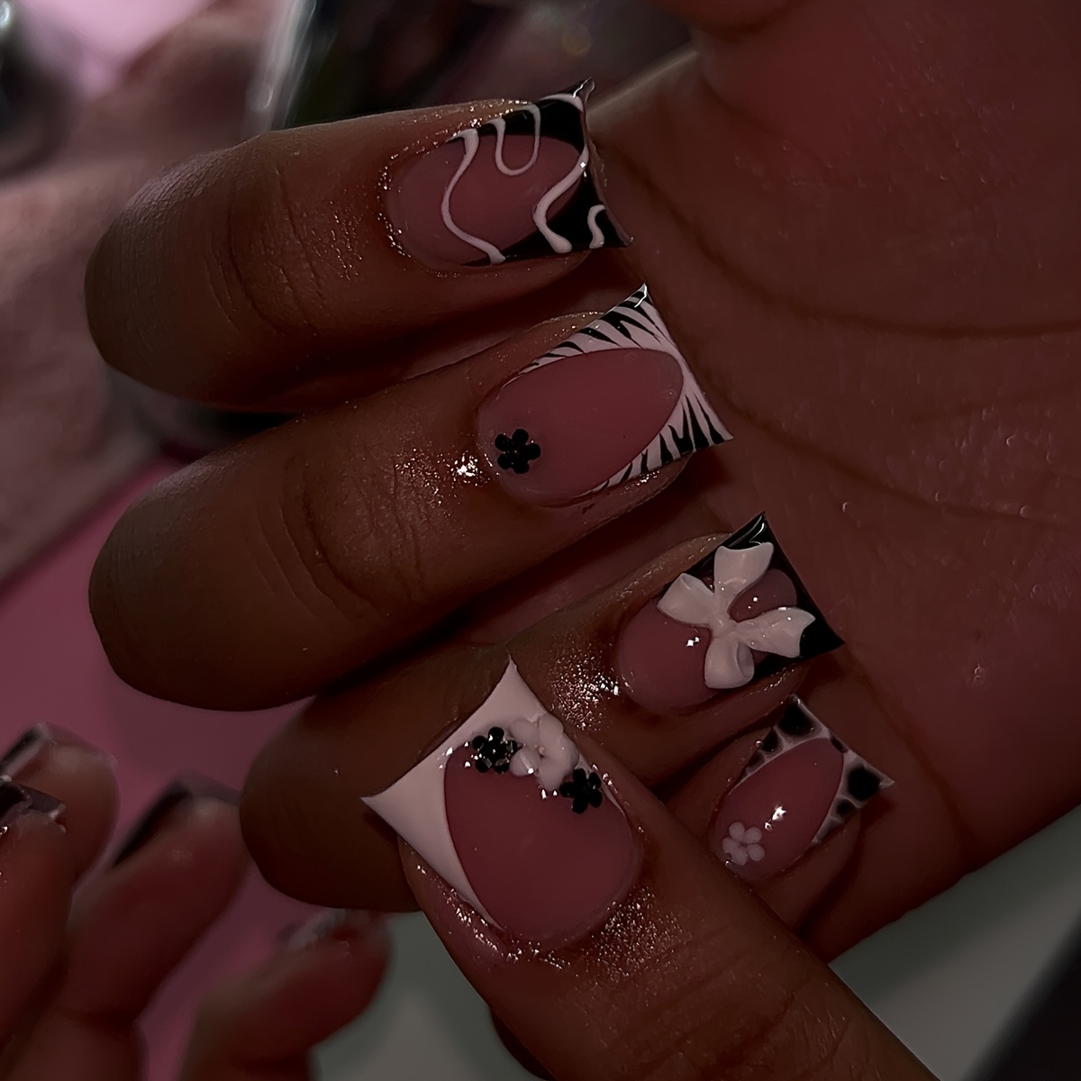 48pcs Short Square Press-On Nails - Zebra Stripes & Floral 3D Relief Design, Pink & Black Glossy Detachable Fake Nails with French Tips for Parties, Casual Attire, Gift, Party Accessories, Highquality Pressons