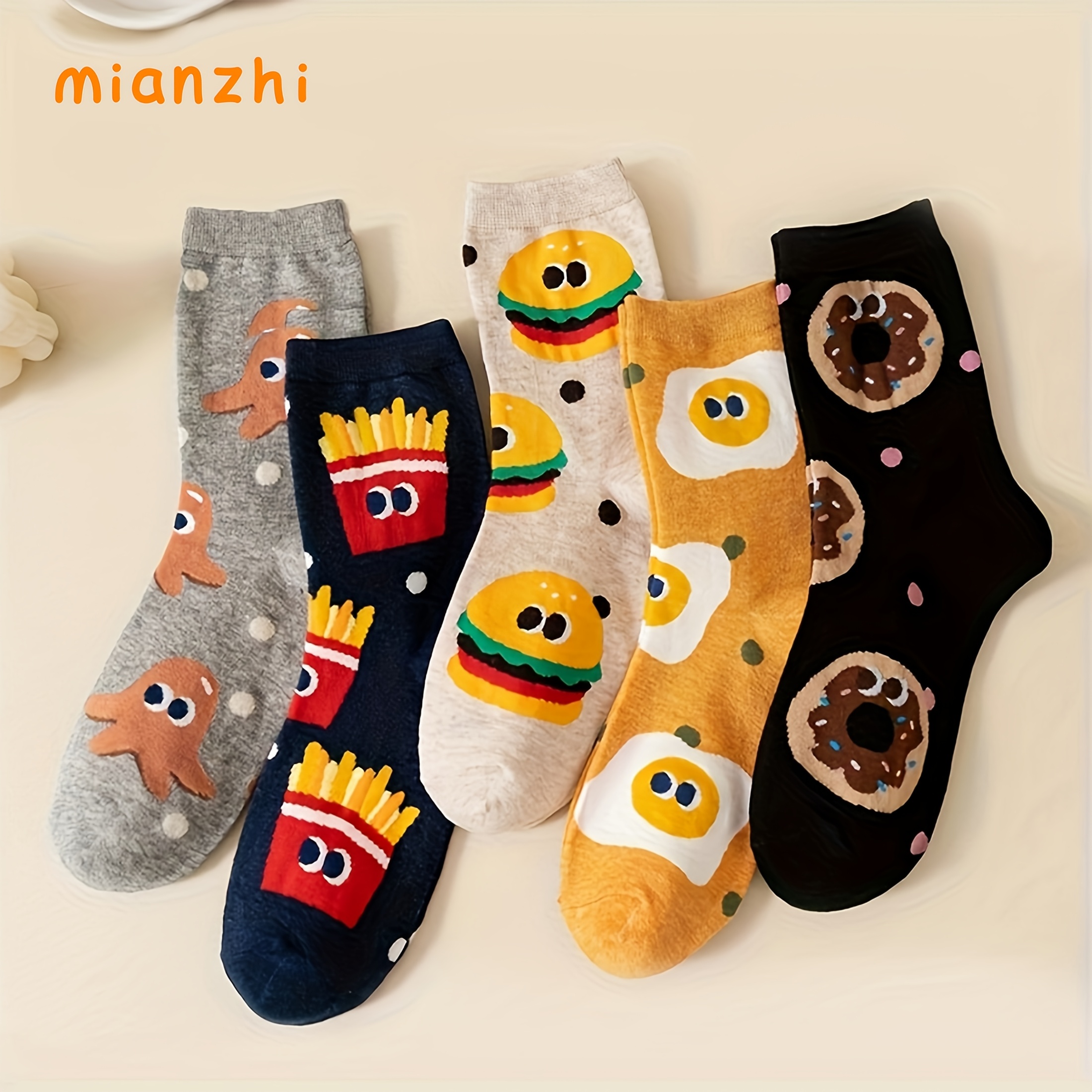 Image of 5-pair Mianzhi Mixed Color Children's Socks With Cute Cartoon Hamburger And Pattern, Trendy And Versatile Mid-calf Socks For Boys And Girls, Suitable For Casual Daily Wear,fall And Winter Clothes