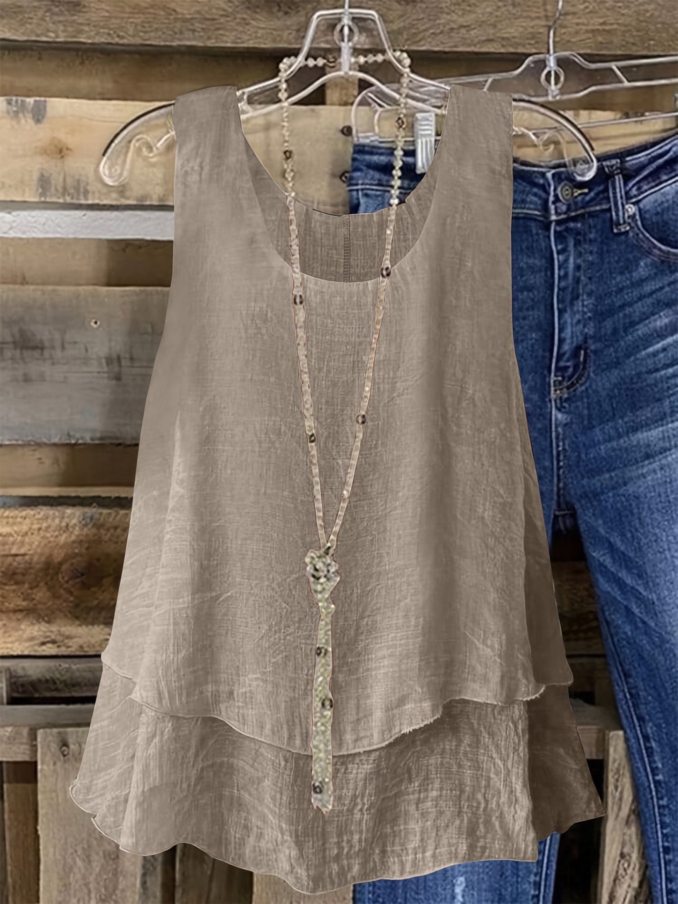Women's Plus Size Sleeveless Elegant Top - Lightweight Breathable Blue Round Neck Vest, Machine Washable Spring Summer Casual Wear, Elegant Special Line Collection, Sophisticated Design, Textured Fabric