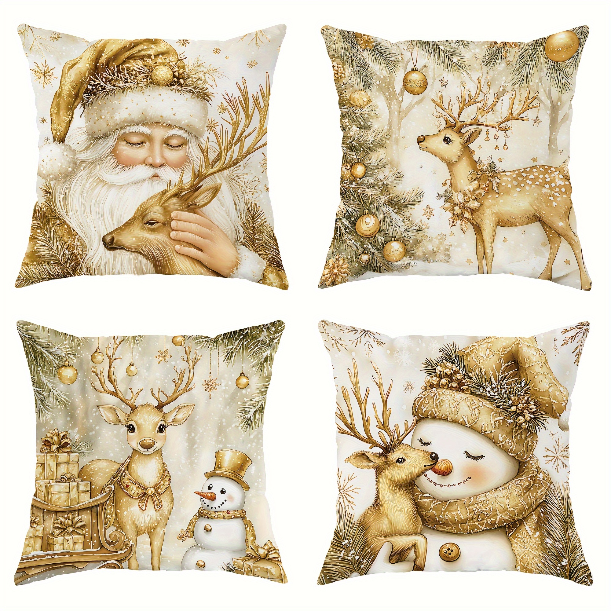 

4pcs Set Christmas Velvet Throw Pillow Covers - Santa, Snowman & Reindeer Designs | Soft & Cozy Decorative Cushion Cases For Living Room & Bedroom | Zip Closure | Machine Washable