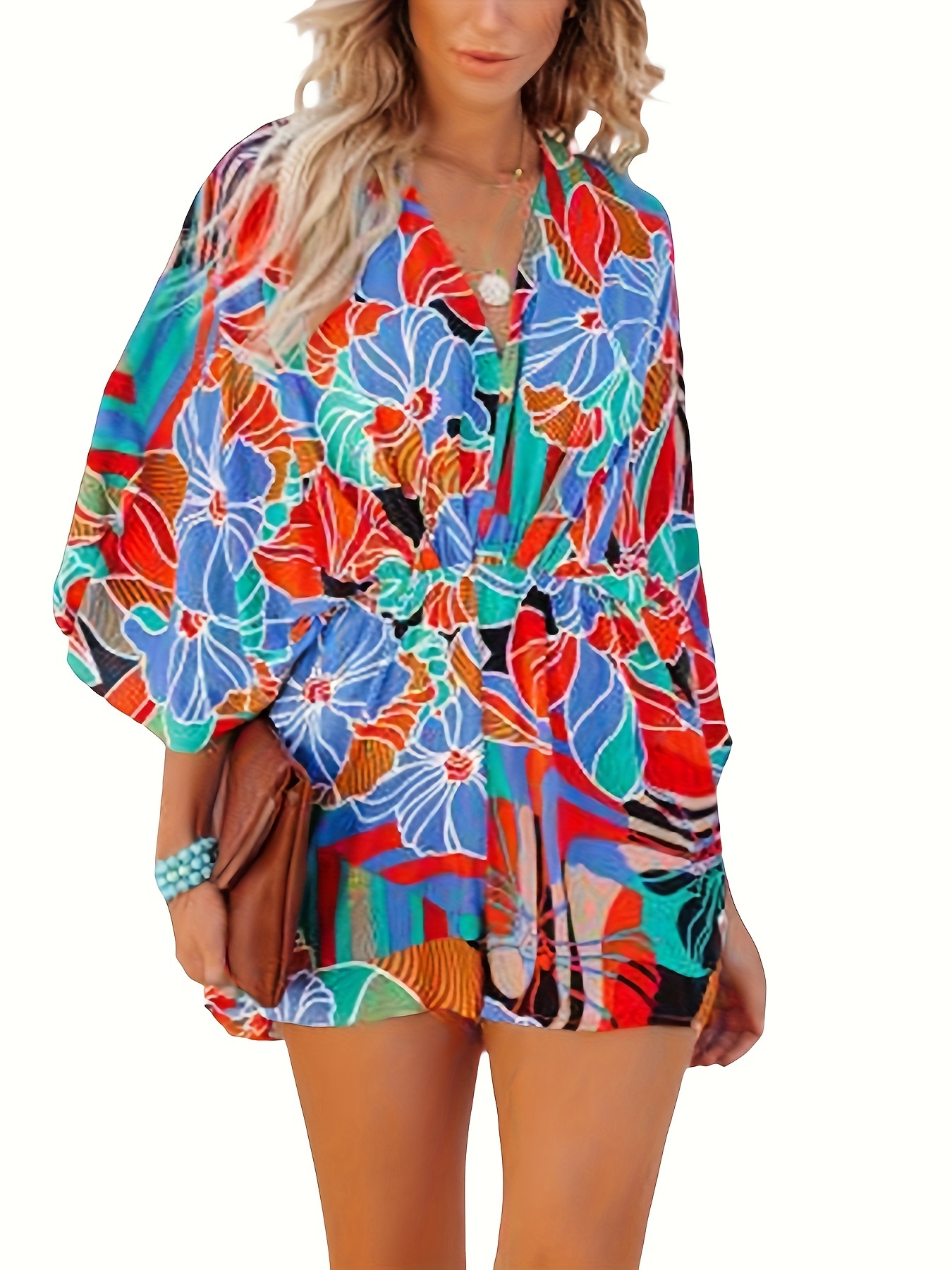 Women s Summer Romper Fashion Print Long Sleeve V Neck Elastic Waist Short Jumpsuit details 0