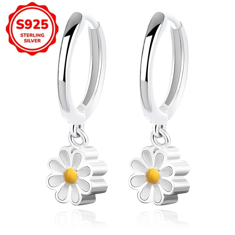 

S925 Sterling Silver Daisy Flower Drop Earrings - Simple , Resin , Fashion Dangle Earrings For Daily And Holiday Wear, All Compatible