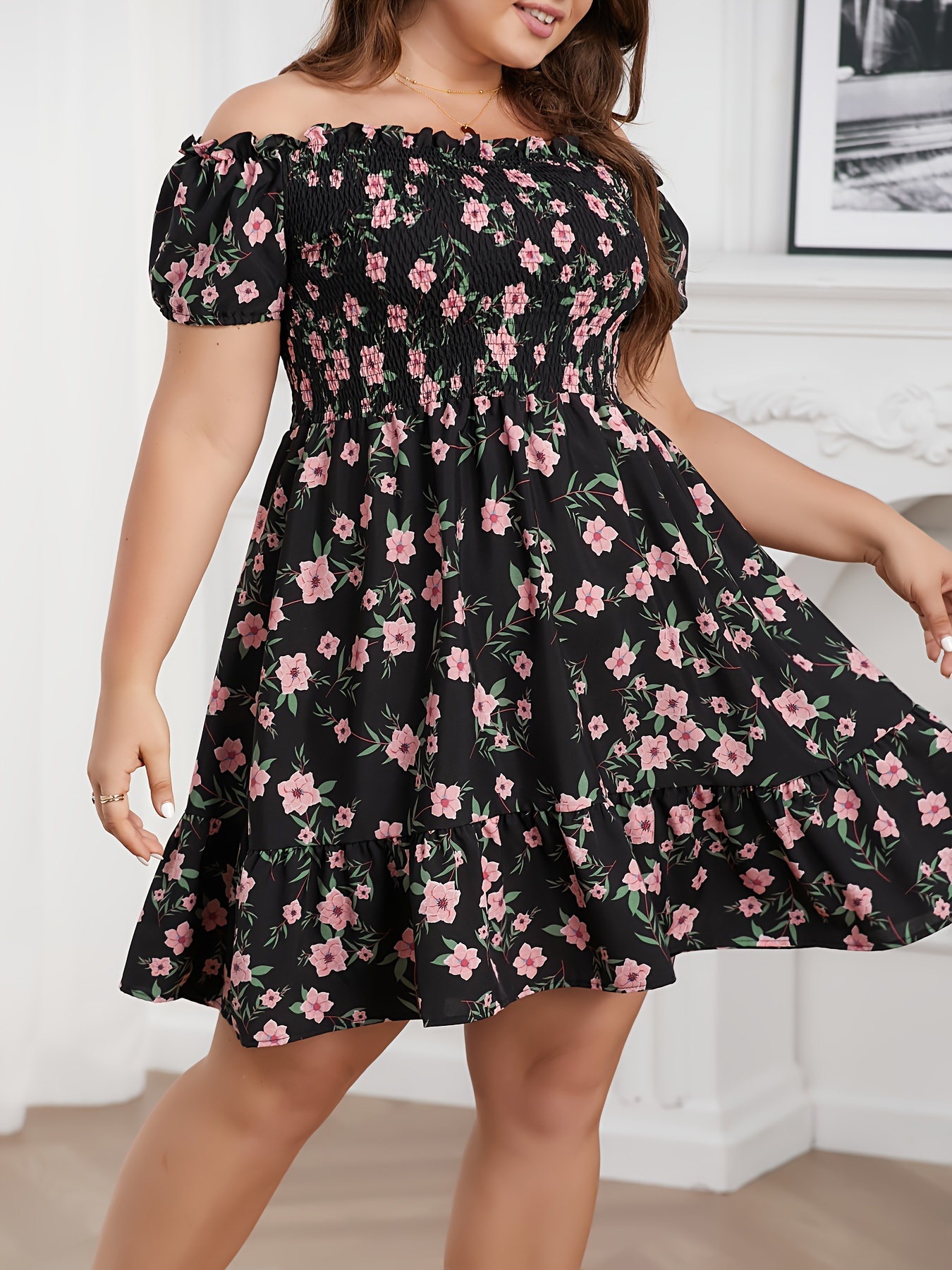 Plus Size Floral Print Off Shoulder Dress, Casual Cinched Waist Short  Sleeve Dress, Women's Plus Size Clothing