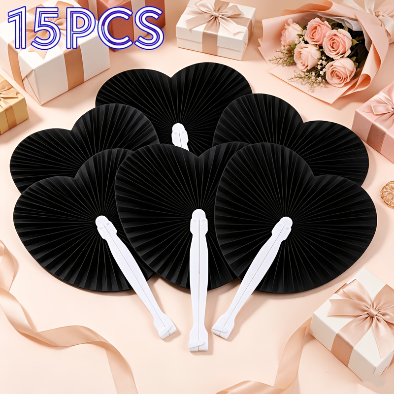 TEMU Customizable Black Heart-shaped Paper Hand Fan With White Handle; A Portable, Foldable Handheld Fan Suitable For Wedding Ceremonies; For Guests