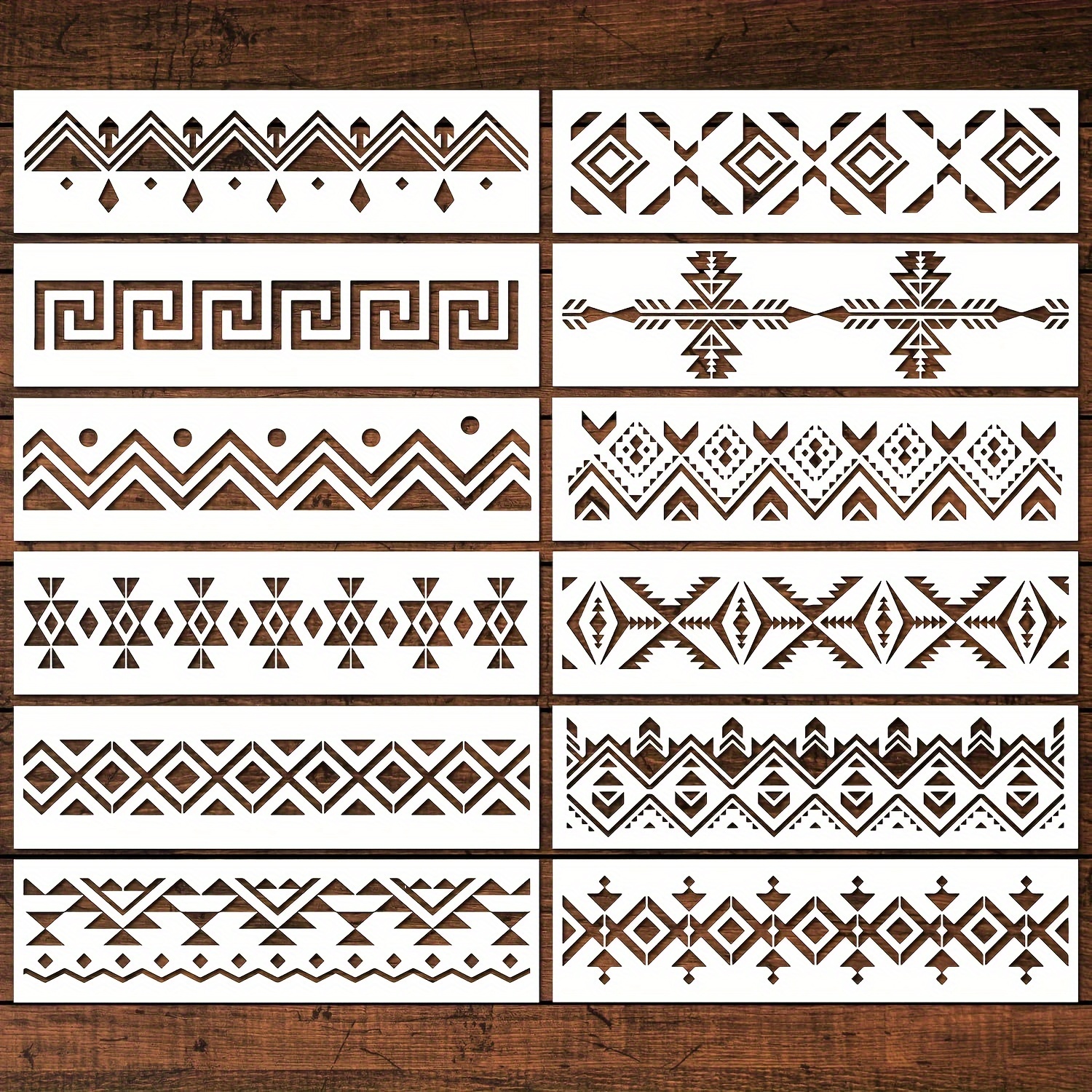 

Aztec Stencils For Painting - 12pcs Boho Borders Pattern Stencils For Painting, Reusable Diy Stencils For Painting On Wood Canvas Wall, Basic Aztec Tribal Stencils Template For Painting