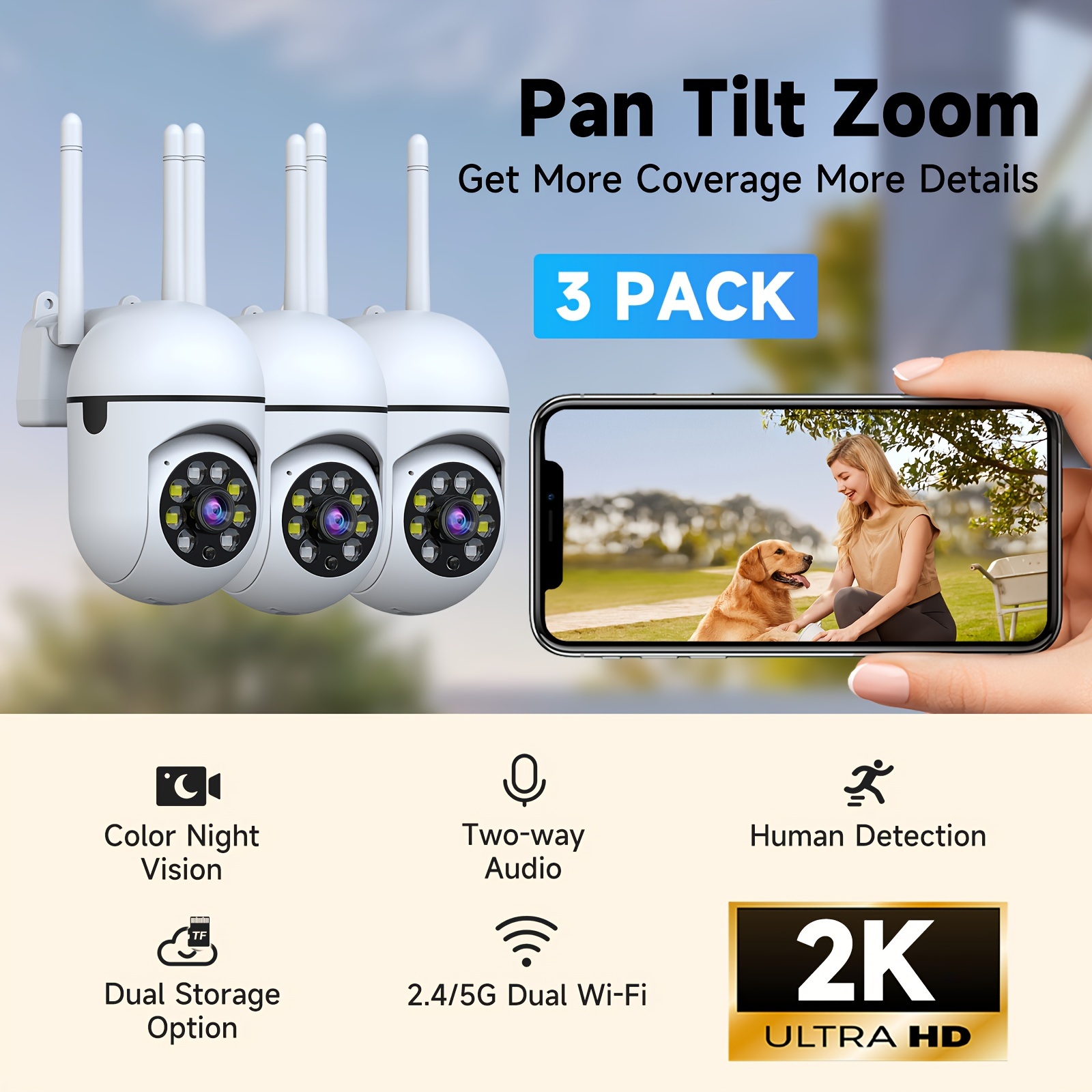 

3pcs 355° Rotating Wireless Camera, 3mp Hd, 2.4/5g Dual-band Wifi, Detection, Voice, Night Vision, Support Cloud Storage And Sd Card