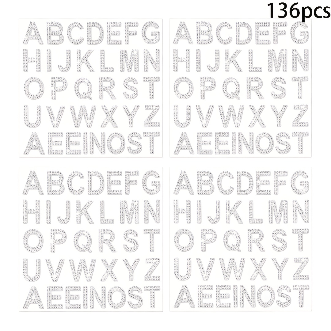 136pcs Silver Rhinestone Alphabet Iron-on Stickers Large Glitter Sparkling Letter Stickers And Crystal Gem Frame Stickers 34 Letters Self-adhesive Alphabet Stickers For Arts Crafts