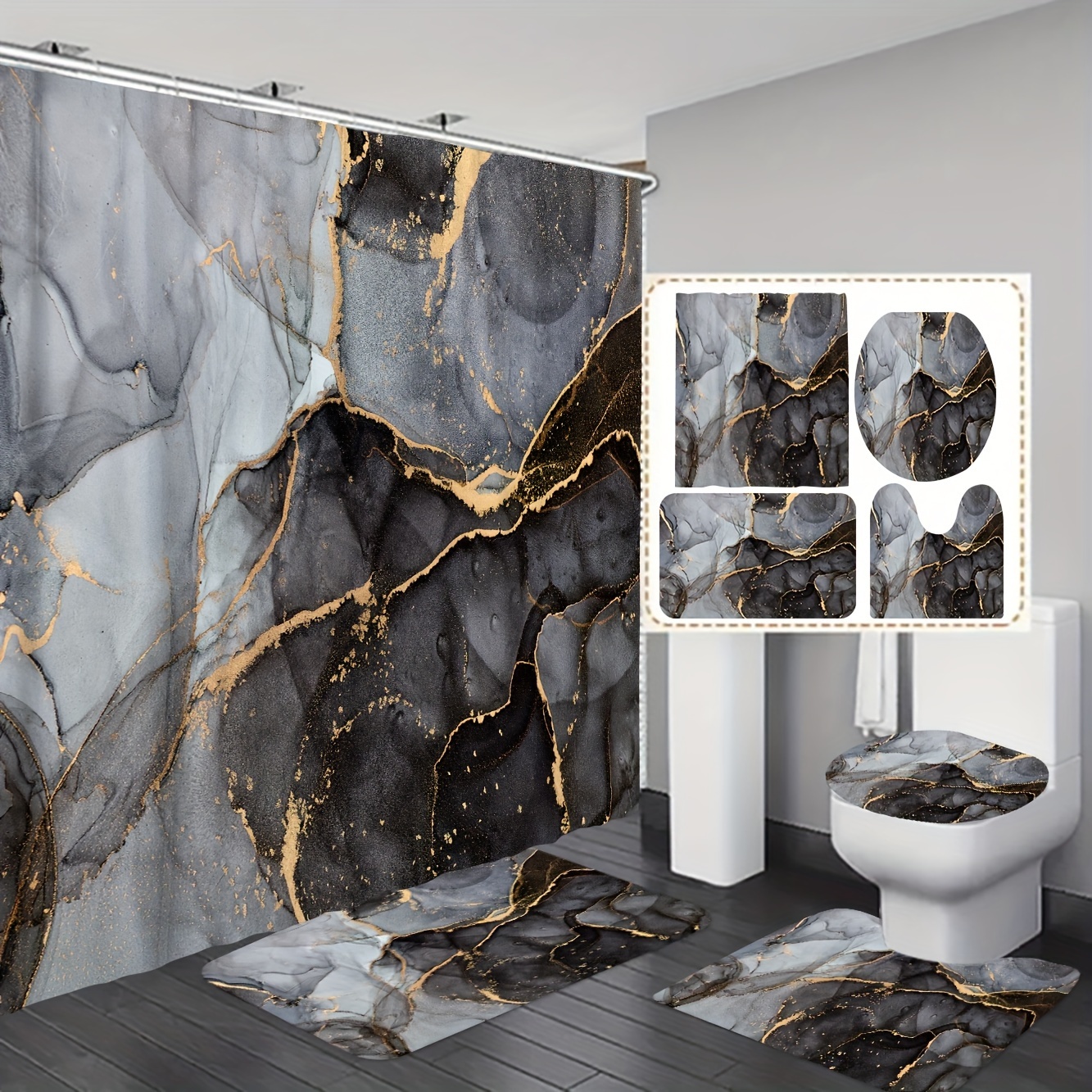 

1/3/4pcs Black Gray Golden Marble Pattern Shower Curtain Set, Shower Curtain With 12 Hooks, Non-slip Bath Mat, U-shaped Toilet Mat, Toilet Mat, Bathroom Decor Accessories