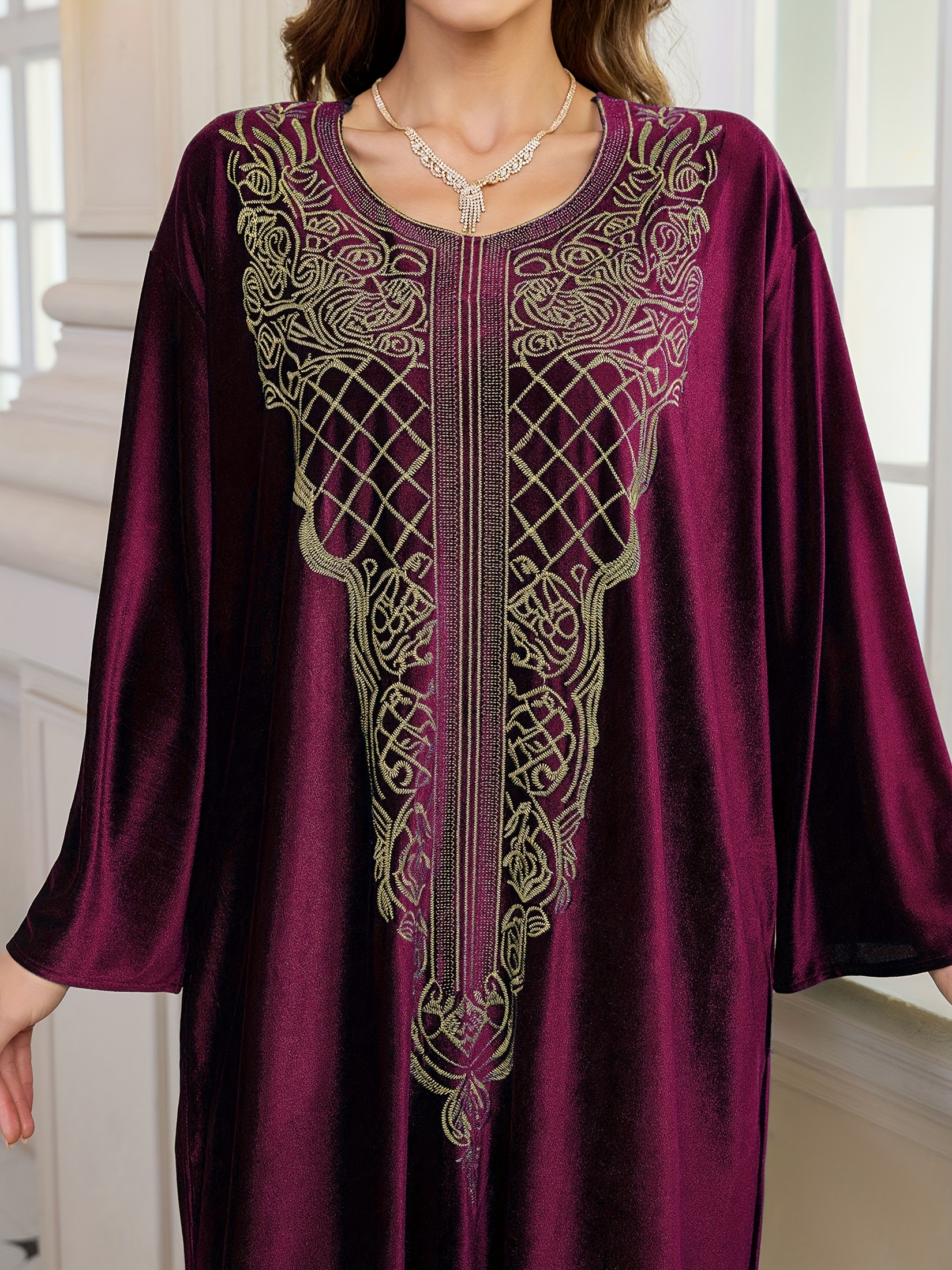 wine red embroidered round neck long sleeve ethnic - Temu