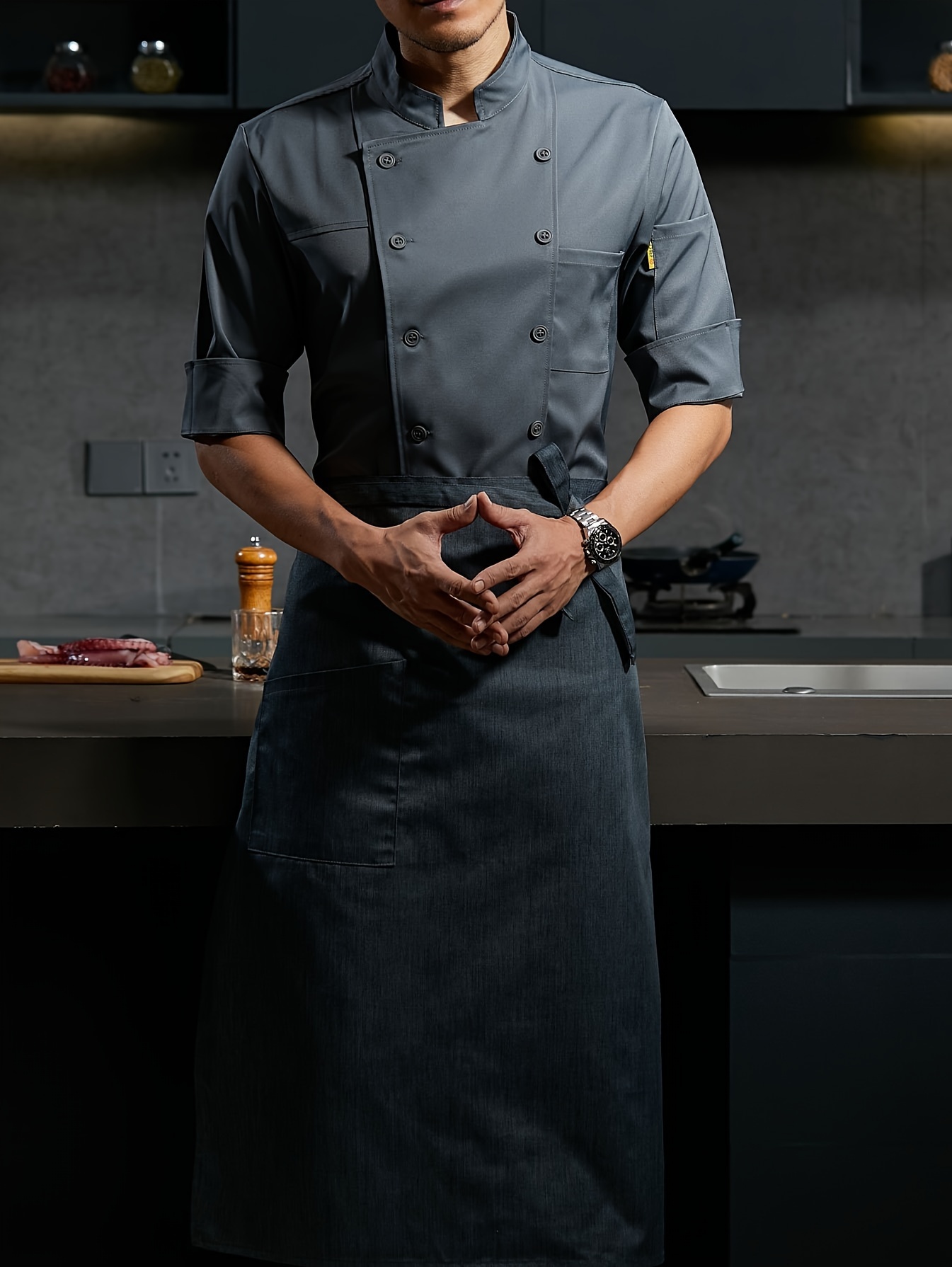 1pc Chef Uniform Elegant Stand Collar 7/4 Sleeve with Chest Pocket,  Unisex Professional Workwear for Kitchen Restaurant, Colors, Machine