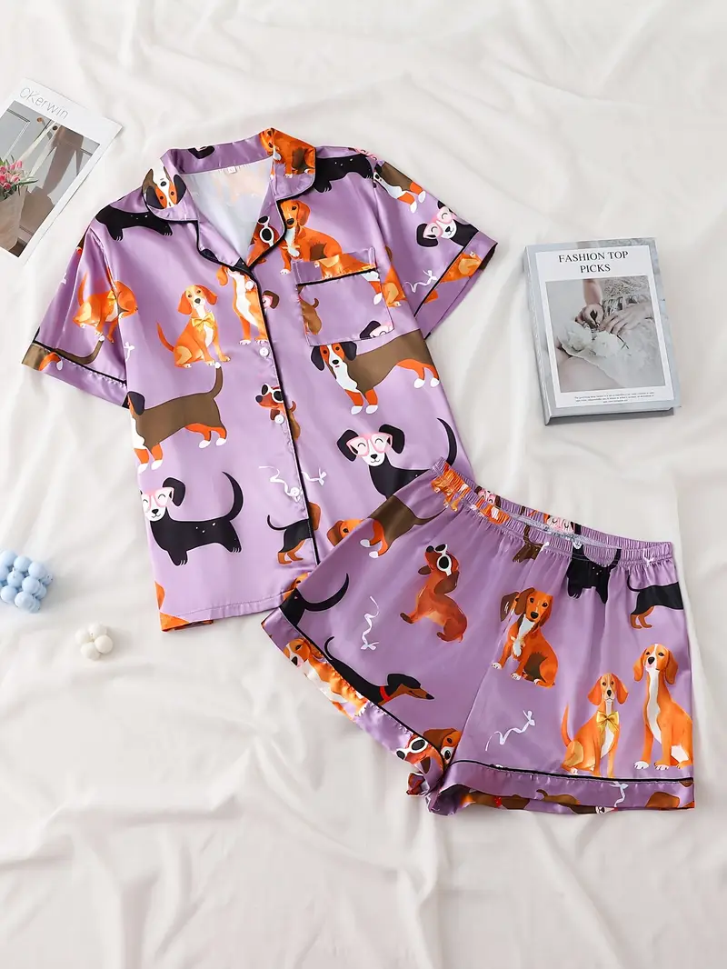 ladies two piece satin pajamas set with purple puppy pattern ladies two piece short sleeved stand up collar top with shorts ladies pajamas for two piece womens set Product details 0