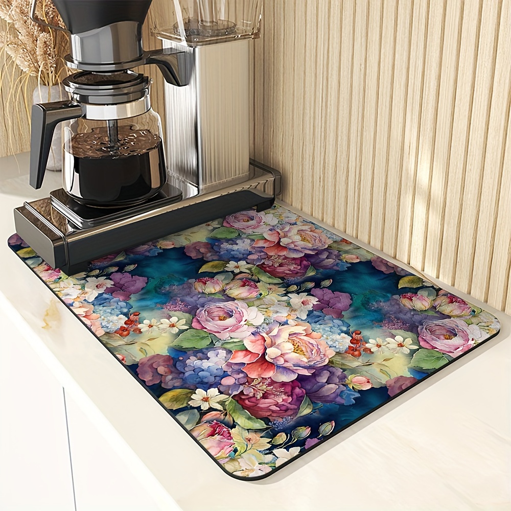 TEMU 1PC, Tapis D'égouttement Pour Couverts, Tapis Absorbant de Cuisine Imprimé Floral Coloré, Séparateur Anti-brûlure Pour Table À Manger, Comptoir