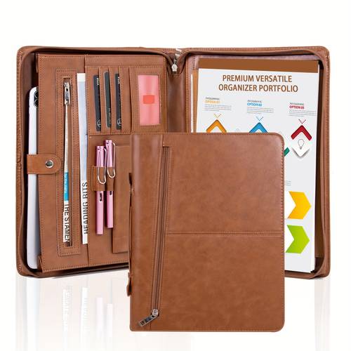 brown microfiber leather padfolio with handle universal tablet laptop compatible organizer business portfolio folder for essential carry engraving option halloween christmas gifts for men