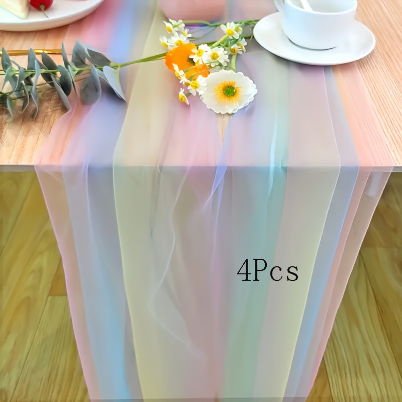 Image of 4pcs Colorful Chiffon Table Runner 32 X 78.7 Inch Sheer Tablecloth Tulle Rainbow Table Runner For Wedding Shower Decorations, Bridal Shower, Garden Party Decorations (iridescent)