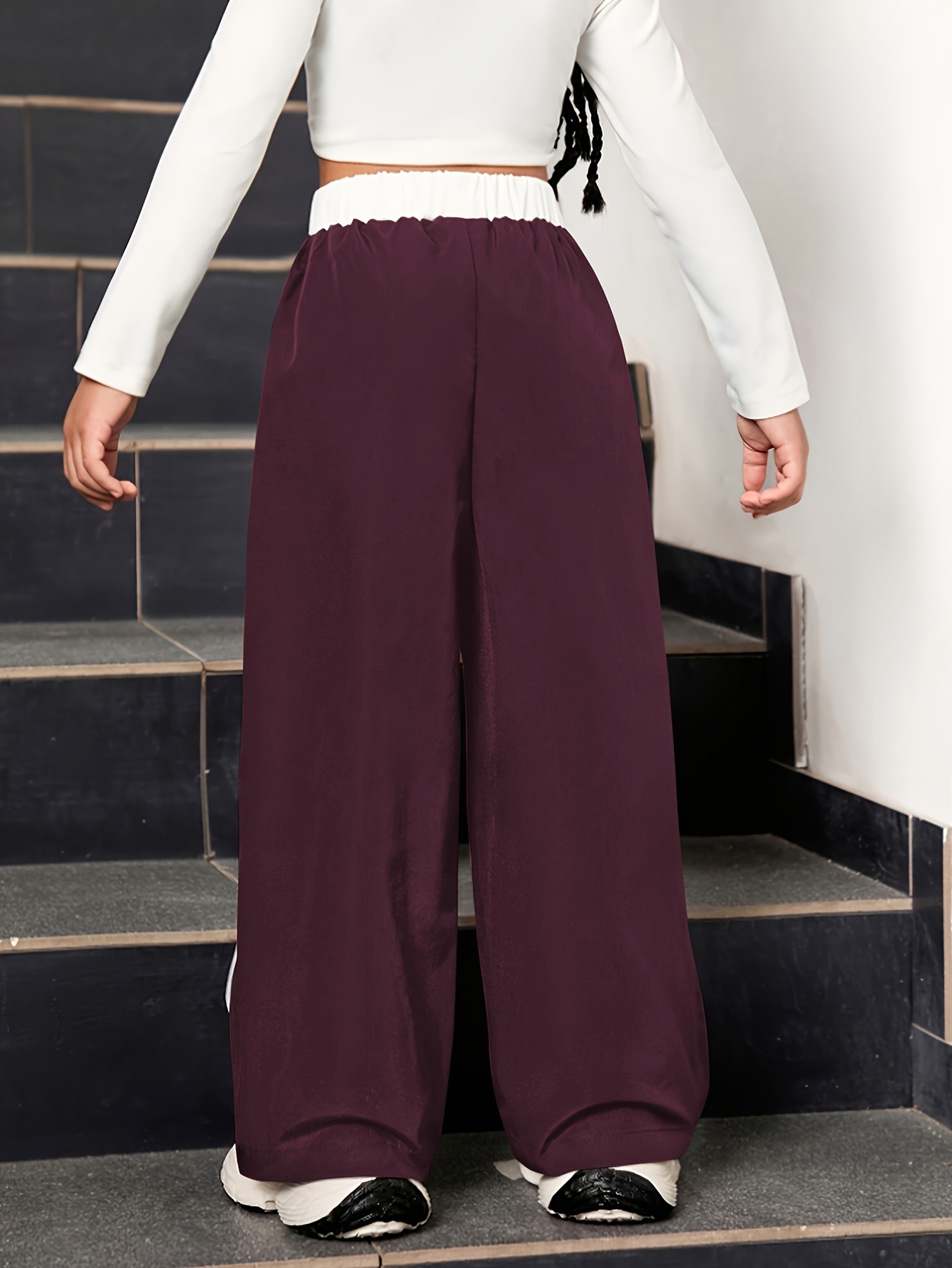 Girls' Color-Block Webbing Windproof Cargo Wide-Leg Pants