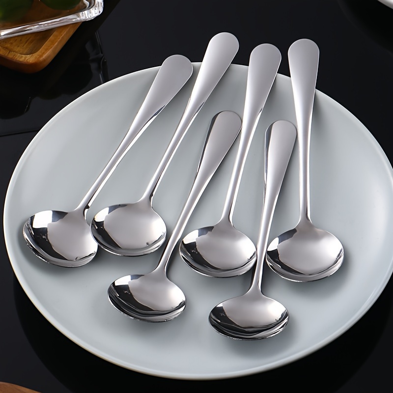 

6-piece Stainless Steel Set - Durable, Thickened Round Soup Spoons For Home Use - Elegant Kitchenware For Serving Soups And Sauces