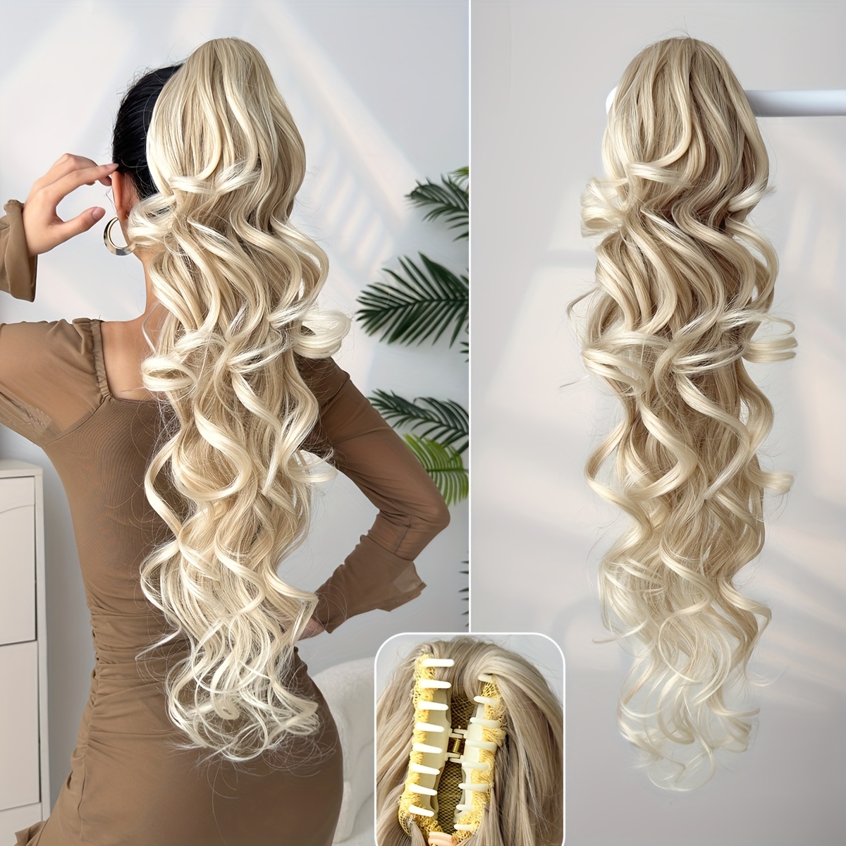 E-shop Verlängerung 30" Lockige Wellige Klammer-Pferdeschwanz-Haarverlängerung, Kleine Klammer im Haarteil, Fluffige Clip-On-Pferdeschwänze,
