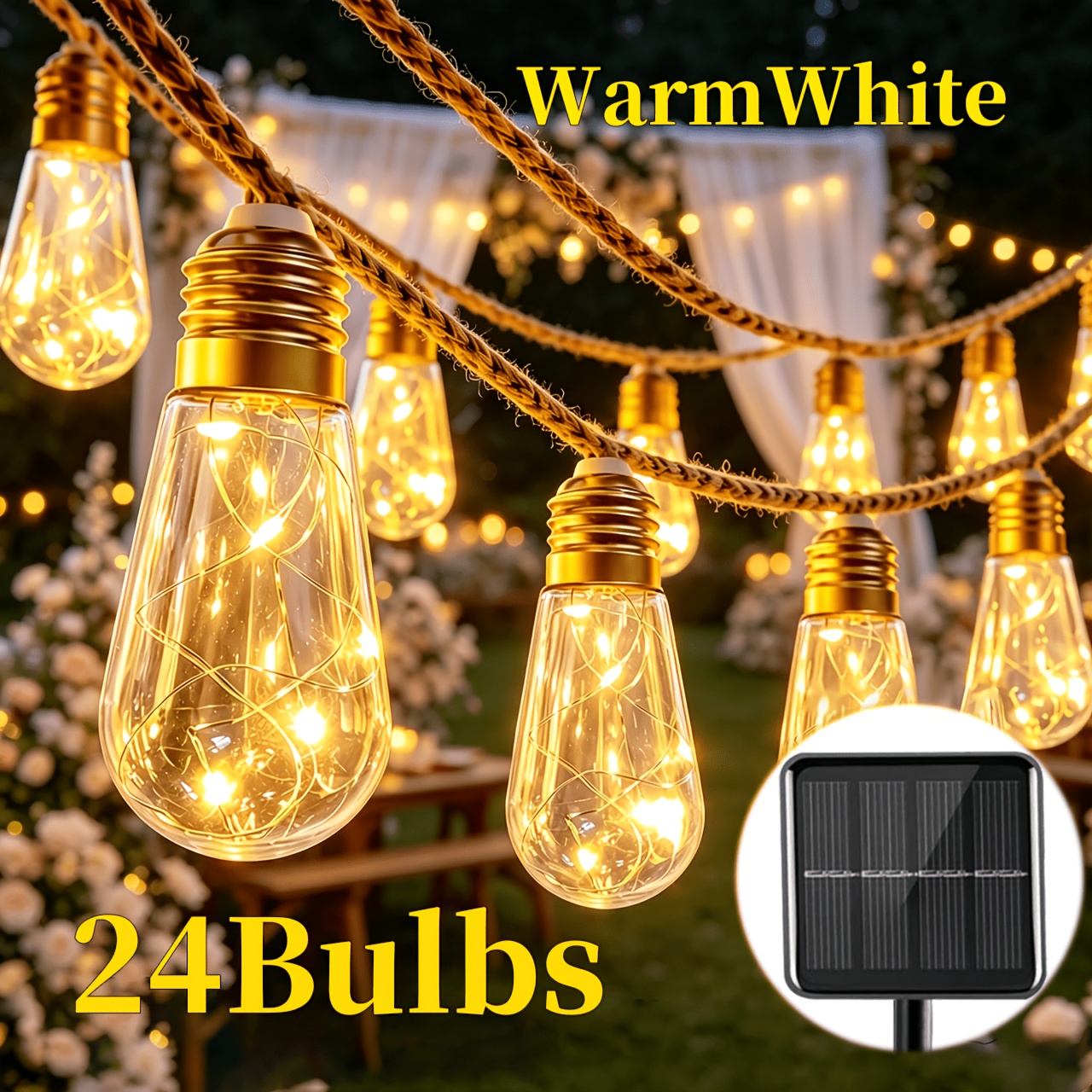 TEMU Solar Hemp Rope Fairy Lights, Solar Edison Bulb String Lights, 8 Modes Of Flashing, Suitable For Outdoor Courtyards, Gardens, Trees, Fence
