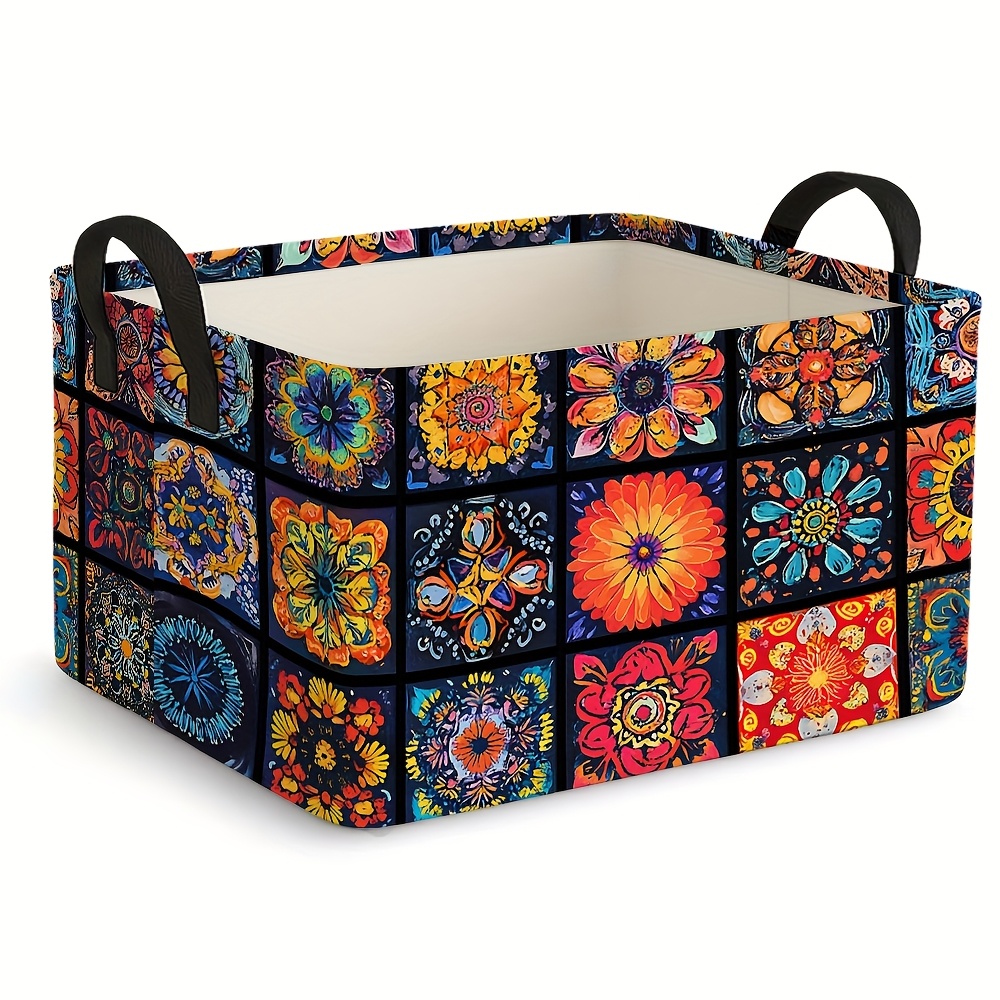 TEMU 1pc Large Bohemian Foldable Storage Basket With Collage Patterns - Oversized Rectangular Canvas Fabric Box Suitable For Clothes,, Blankets, &