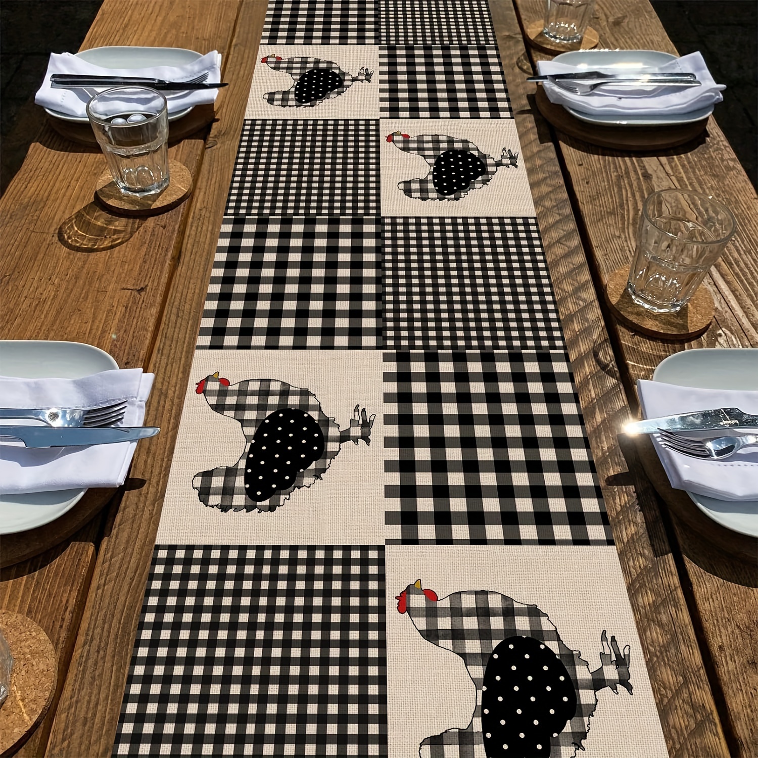 TEMU 1pc, Table Runner, Farmhouse Style Chicken Hen Pattern Table Runner, Design Table Runner, Rustic Kitchen Dining Table Decoration For Indoor, Party Decor