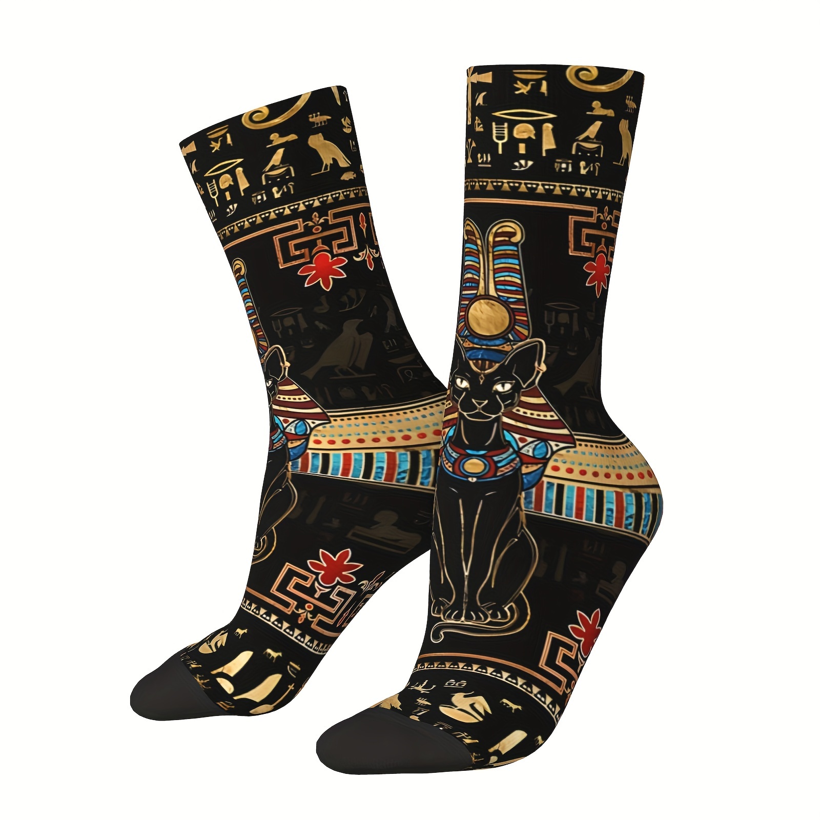 

A Pair Of Men's Funny Egyptian Cat Retro Pattern Crew Socks, Comfy Breathable Casual Soft & Socks, Ideal Gifts ,