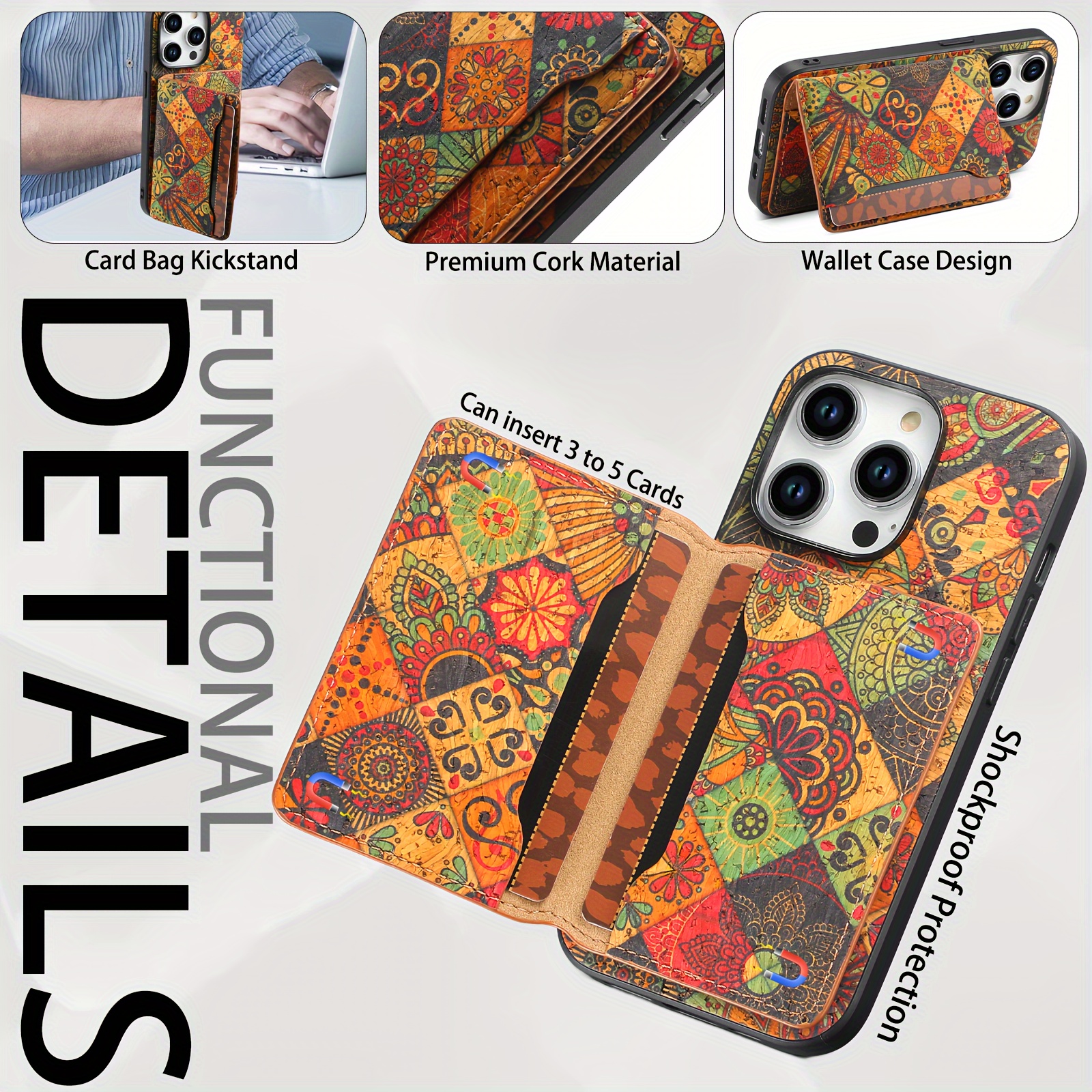 DENIOR Wooden Phonecase for iPhone 15/ 14/ 13/ 12 Series Case, with Glue Kickstand And Card Holder 3 Card Slots Can Insert 3-5 Cards Shockproof Protection, Turquoise And Red Flowers, Cork Wooden