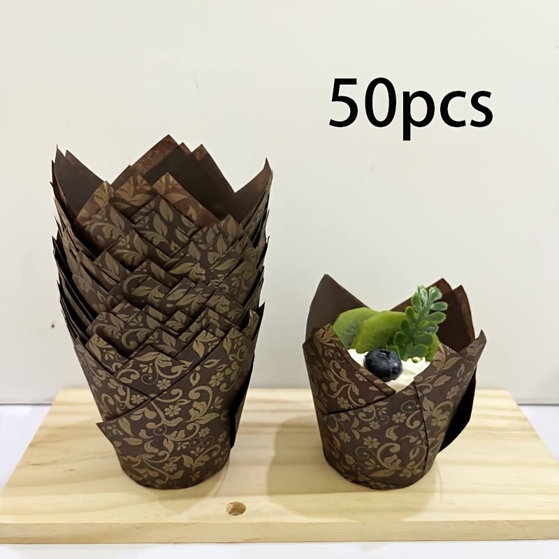 TEMU 50pcs Tulip Cupcakes, Coffee Series (coffee Golden Cloud, , , Coffee Stripes, Coffee Leaves, Coffee ), Greaseproof Cupcakes, For Christmas,