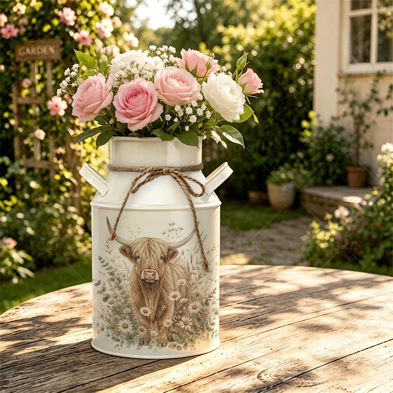 TEMU 1pc Iron Vase, Furry Highland Cow Amid Flowers , Home Decor Vase Suitable For Placement In Living Rooms, Bedrooms, Kitchens, And Gardens,