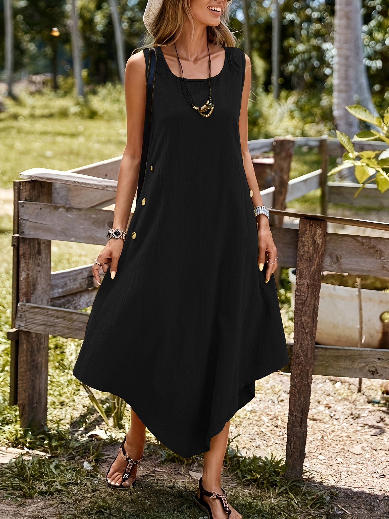 γυναικείο αμάνικο μίντι φόρεμα - κομψό καλοκαιρινό φόρεμα με στρογγυλή λαιμόκοψη και λεπτομέρειες με κουμπιά, ανοιχτό γκρι casual στυλ για casual ντύσιμο, άνετη εφαρμογή, casual καλοκαιρινή ενδυμασία | κομψό αμάνικο φόρεμα | φόρεμα άνετης εφαρμογής Στοιχεία είδους 1