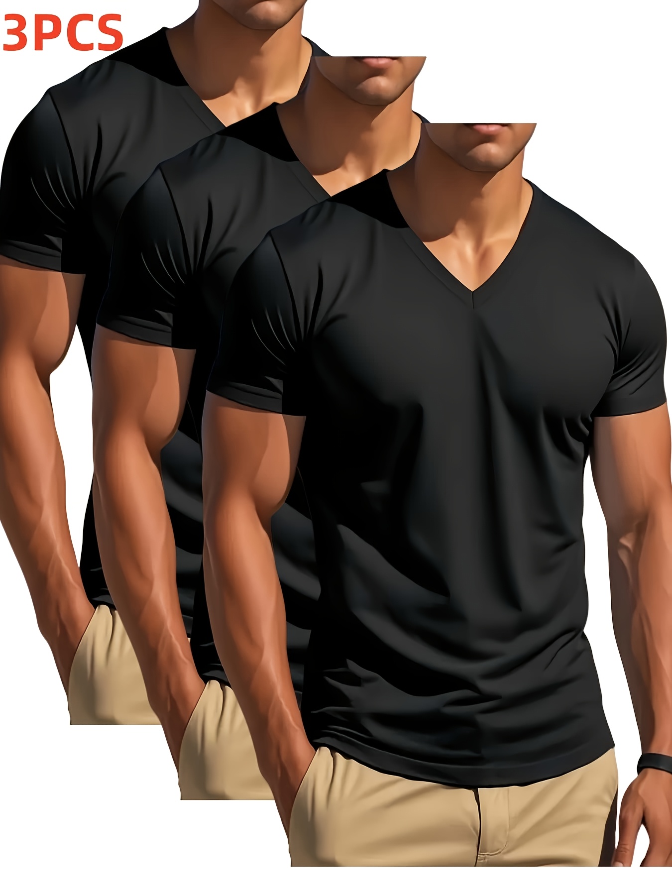 mens solid v neck t shirt short sleeve 3 pc summer essential solid color quick dry polyester   outdoor running and exercise machine washable
