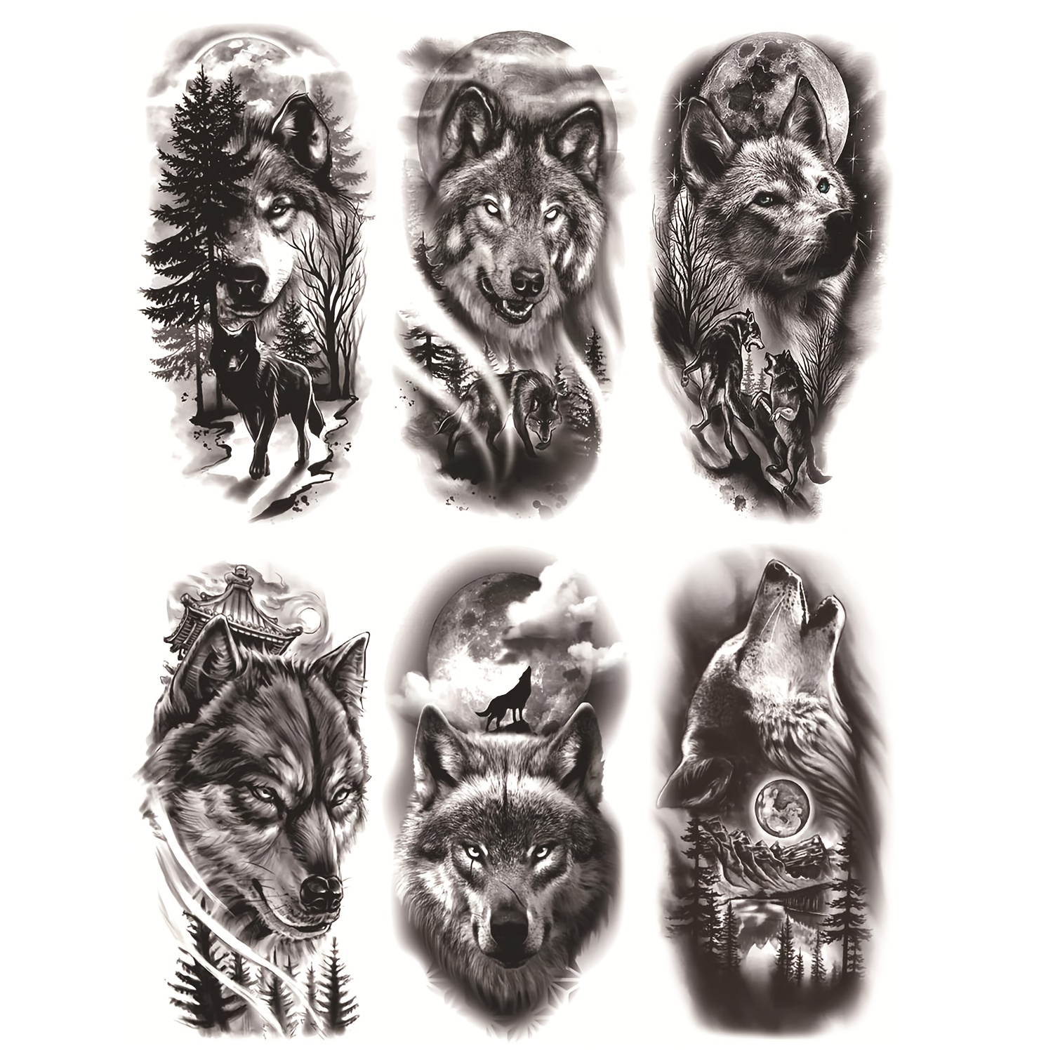 Image of 6pcs Ftvltat Temporary Tattoos Suitable For , Waterproof Realistic Wolf Tattoo Stickers With Designs, Long-lasting Fake Tattoos For Parties, Thigh, & Arm Body For Adults