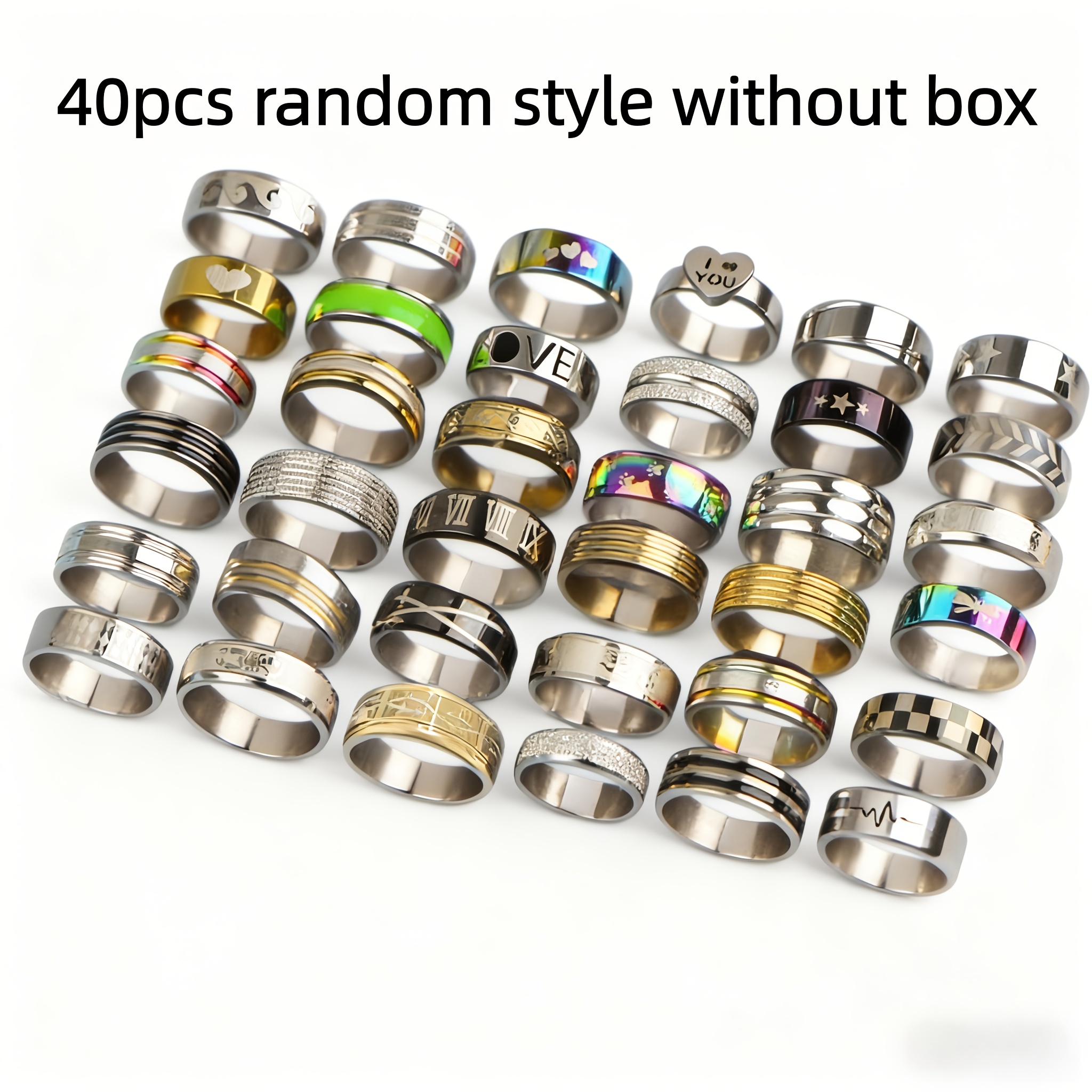 TEMU 40 Bagues à doigts pour adolescentes et adolescentes, imprimées et rayées, en acier inoxydable, tendance et élégantes, styles variés, bijoux