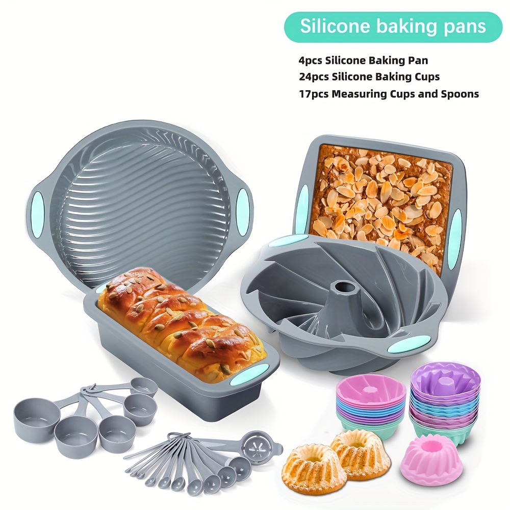 TEMU 45pcs/53pcs/83pcs Silicone Bakeware Set, Silicone Cake Molds, Baking Sheet, Donut Pan, Silicone Muffin Pan, Silicone Baking Cups And Measuring