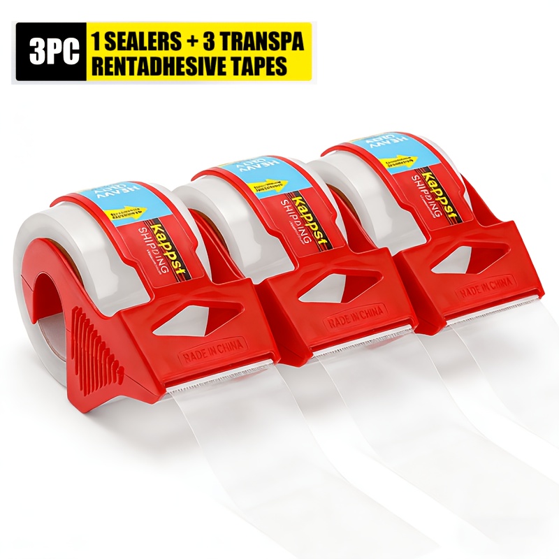 TEMU Heavy Duty Transparent Sealing Tape, 1 Sealer And 3 Rolls/ 6 Sealers And 6 Rolls Of Tape, Red Plastic Handheld Sealer, Packaging For Home