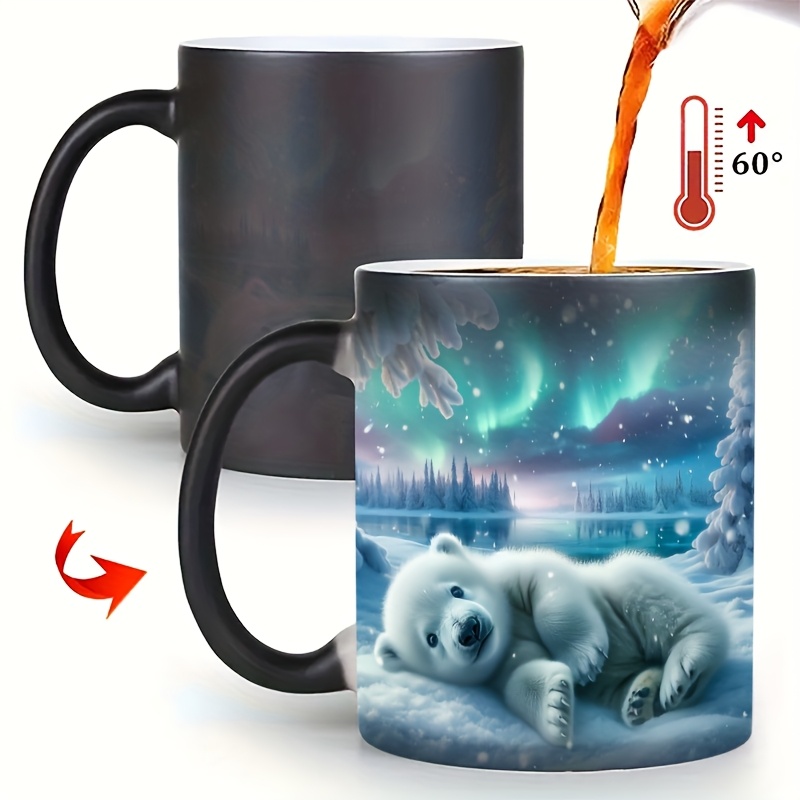Image of 1pc 11oz Polar Bear Northern Lights , Heat Activated Color Changing Coffee Cup, Cute Winter Animal Ceramic Tea Mug, Creative Holiday Birthday Gift