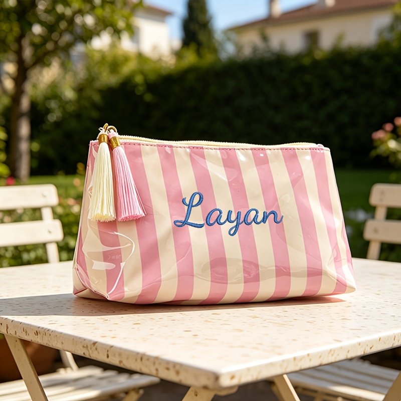 TEMU Pochette Personalizzata Ricamata a Righe - Grande Capacit� con Nappe e Cerniera per Trucco e Articoli da Toeletta, Adatta per Viaggi, Palestra,