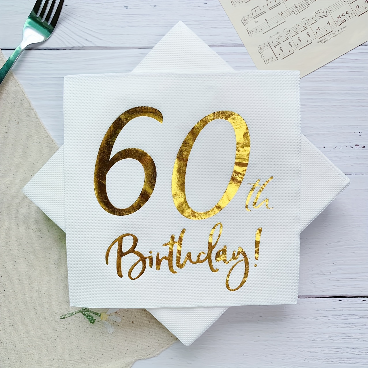 

60th Birthday Napkins - 20 Pack Golden Foil Stamped White 2-ply Paper Napkins For Birthday Celebrations, Disposable Party Supplies For Outdoor Picnics, Camping, Restaurants, Bars - 6.5" Square