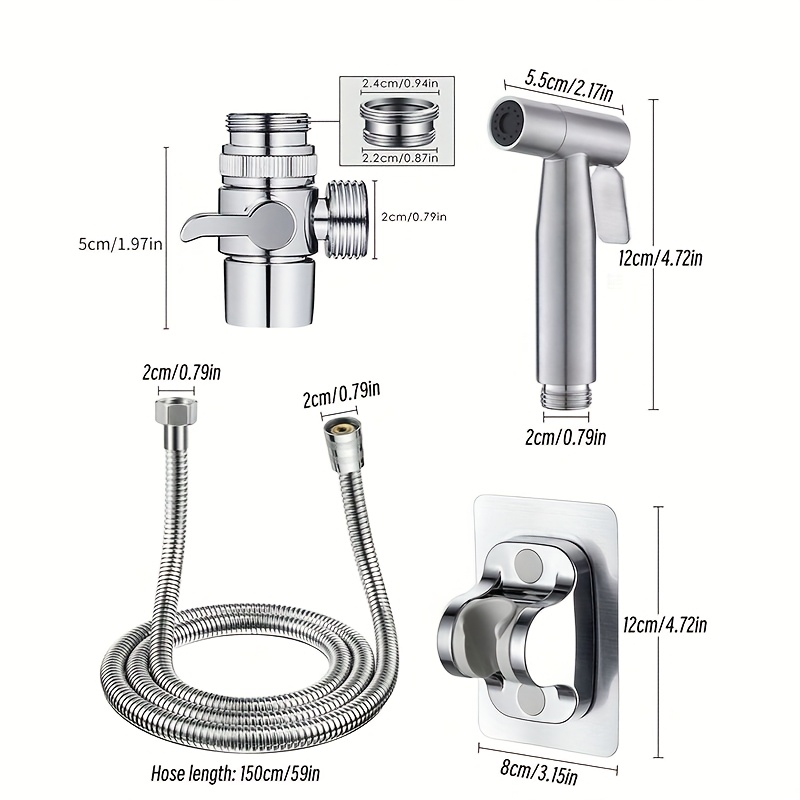 Image of 4pcs 304 Stainless Steel Spray Gun Set, Cleaning Spray Gun With Hose (59.06 Inches), Self-adhesive Bracket And Diverter Valve, Toilet/sink Cleaning Spray Gun Set, Silvery