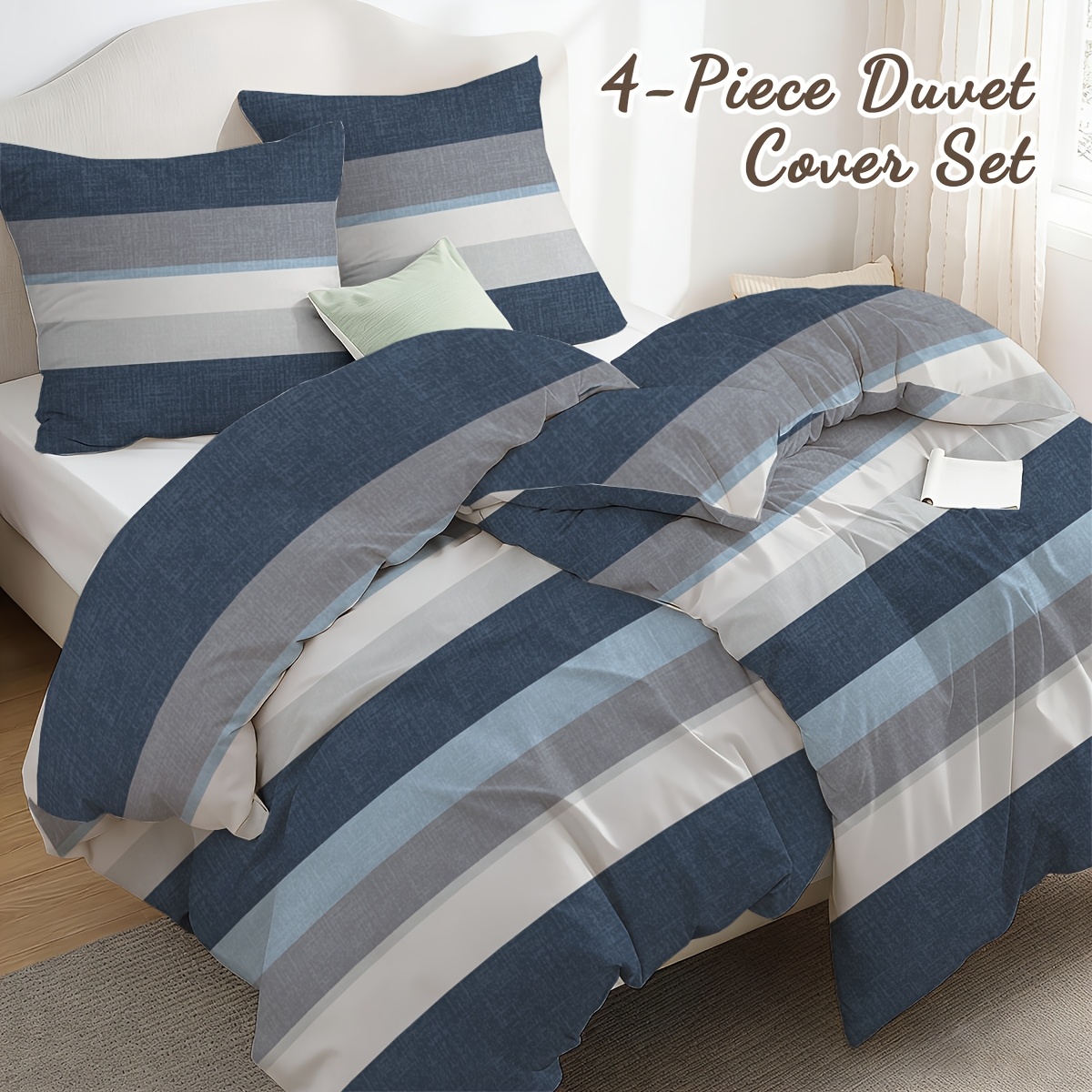 Image of 4pcs Striped Geometric Printed Duvet Cover Set (2pcs Duvet Covers And 2pcs Pillowcases) With 80x80cm Pillowcases, Comfortable And Soft, Bedroom Apartment Hotel Exquisite Bedding
