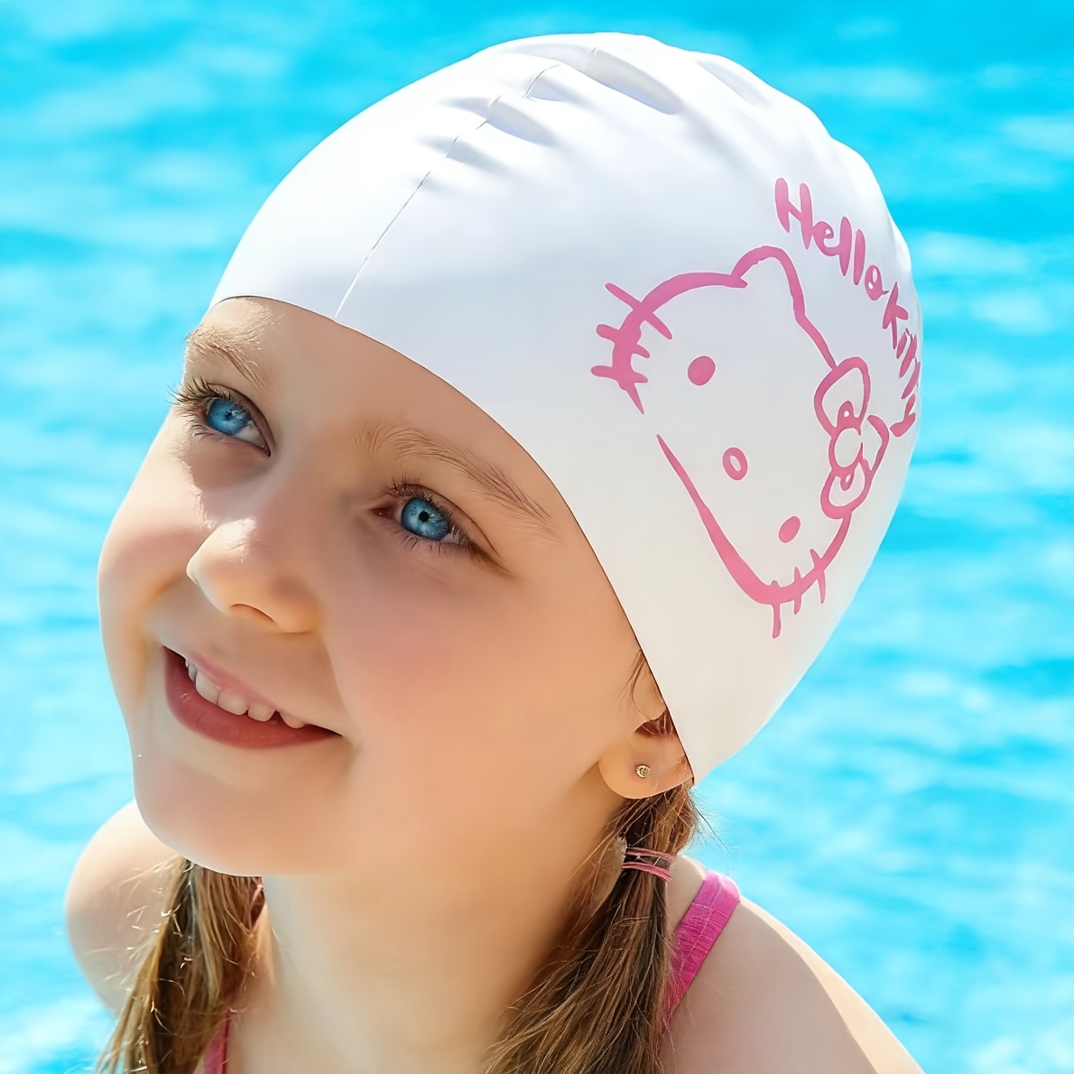 Image of Hello Kitty Children's Silicone Swim Cap, Cute Cartoon Printed Soft Silicone Design, Waterproof Ear Protection Swimming Cap For Boys And Girls, Single Piece