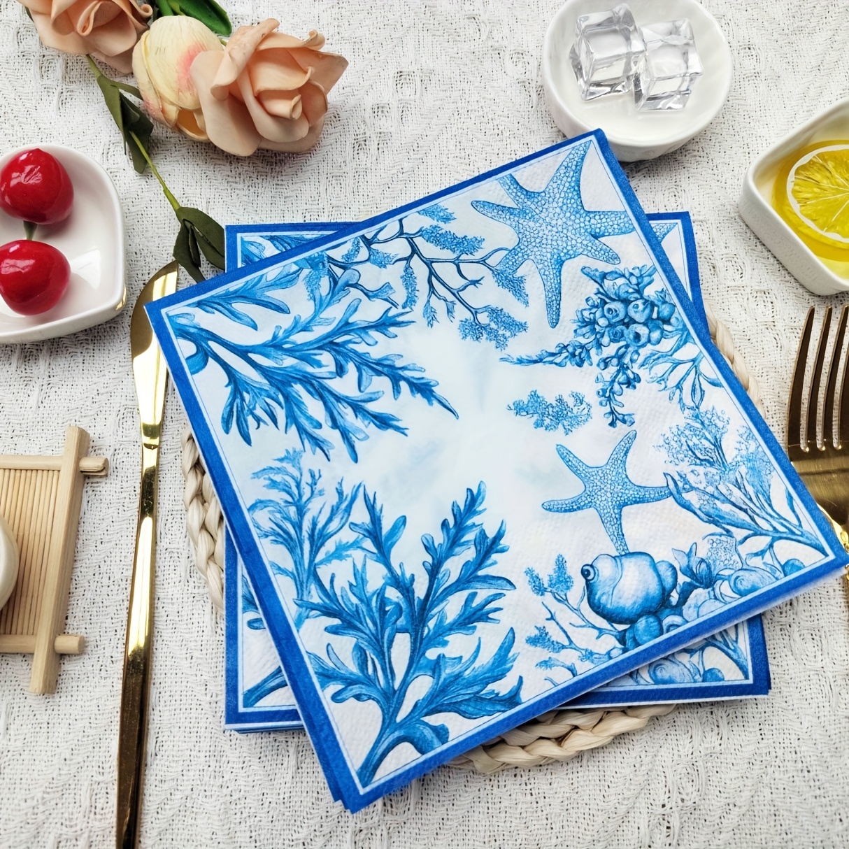 TEMU 20pcs And Starfish Pattern Napkins - Food-grade Colorful , Party Decorations And Table Settings, Floral Deco