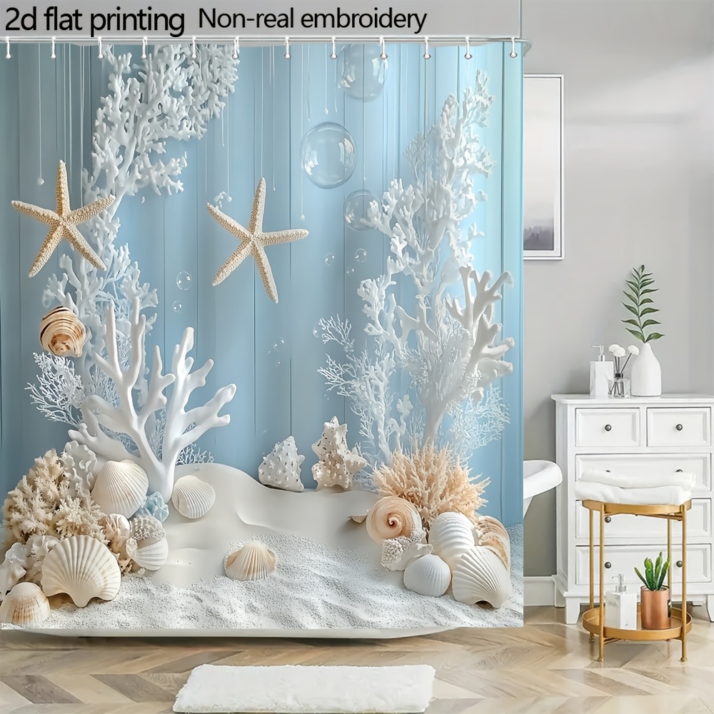TEMU 1pc Ocean-themed Bathroom Shower Curtain 70.8x70.8 Inches - Light Starfish Seashell Design, Durable Polyester Fabric, Machine Washable With