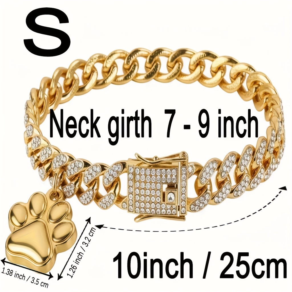 TEMU 1pc Sparkling Pet Necklace With 3d Footprint Labels, Cool Dog Collar, Cuban Chain Inlaid With Artificial Diamonds, Suitable For Small, Medium,